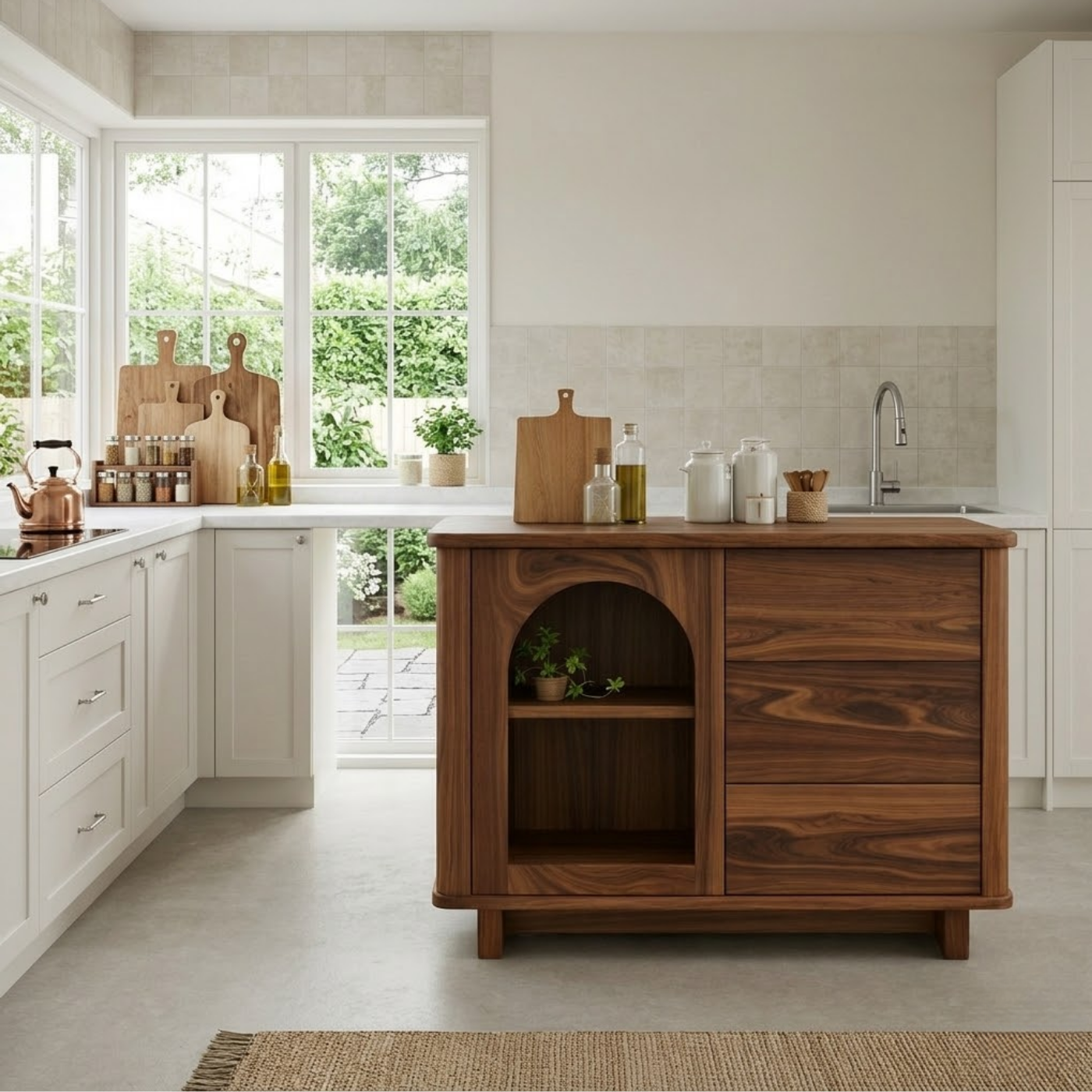 Solid Walnut Kitchen Island with Arched Open Shelf & Drawer Storage