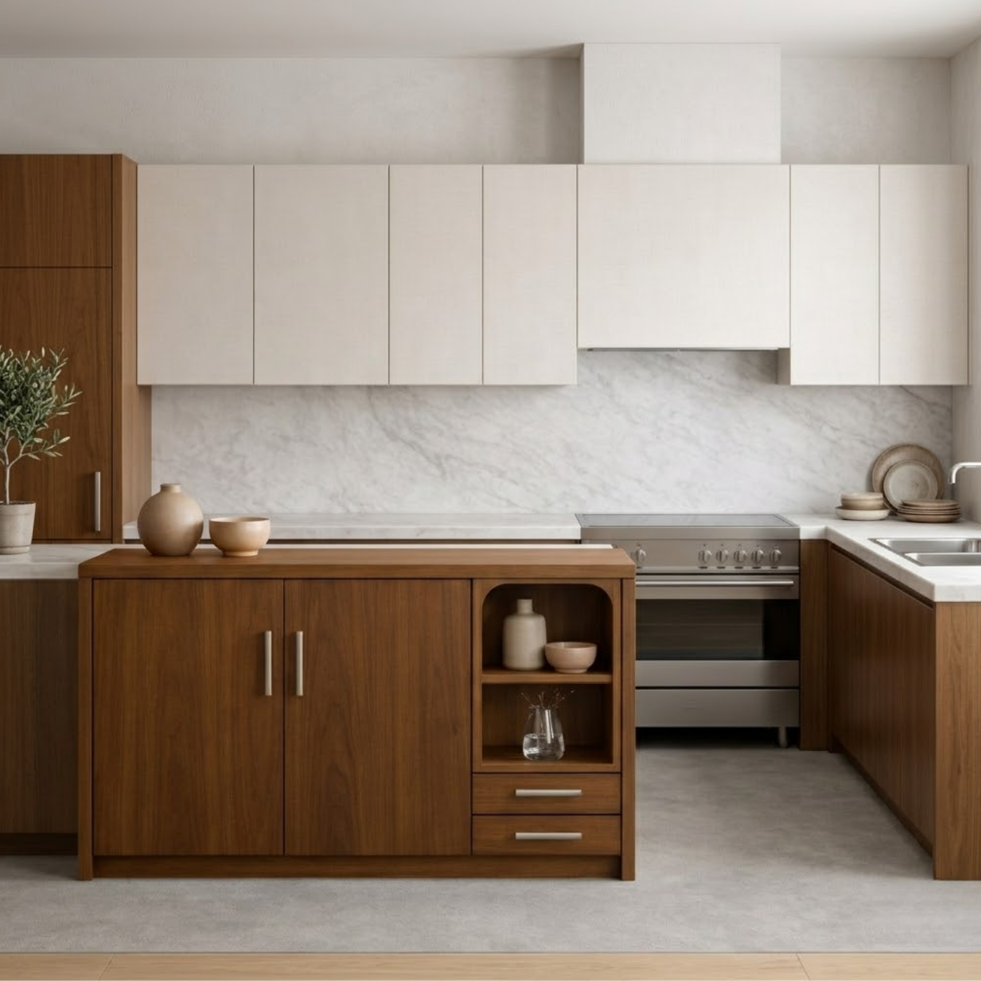 Solid Walnut Kitchen Island with Double Doors, Open Shelf & Drawer Storage