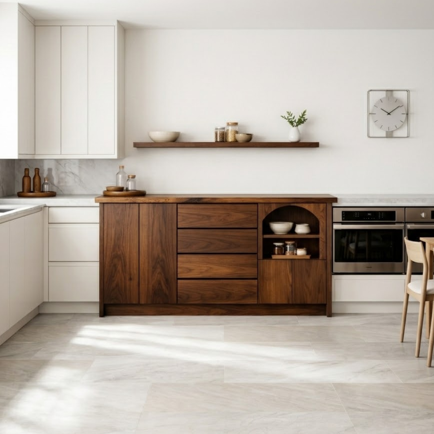 Solid Walnut Kitchen Island with Drawers, Doors & Arched Open Shelf