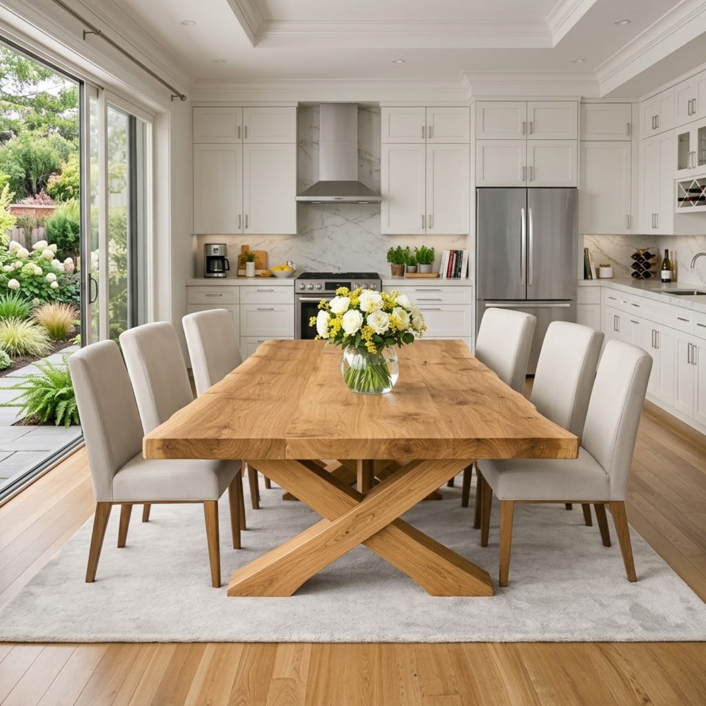 Solid Wood Dining Table with Thick Slab Top & X Base Modern Farmhouse Style