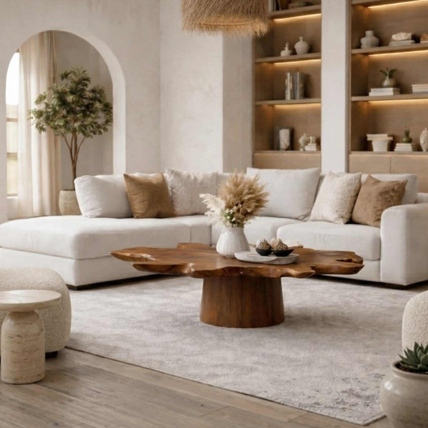 Solid Wood Live Edge Coffee Table with Thick Slab Top & Pedestal Base