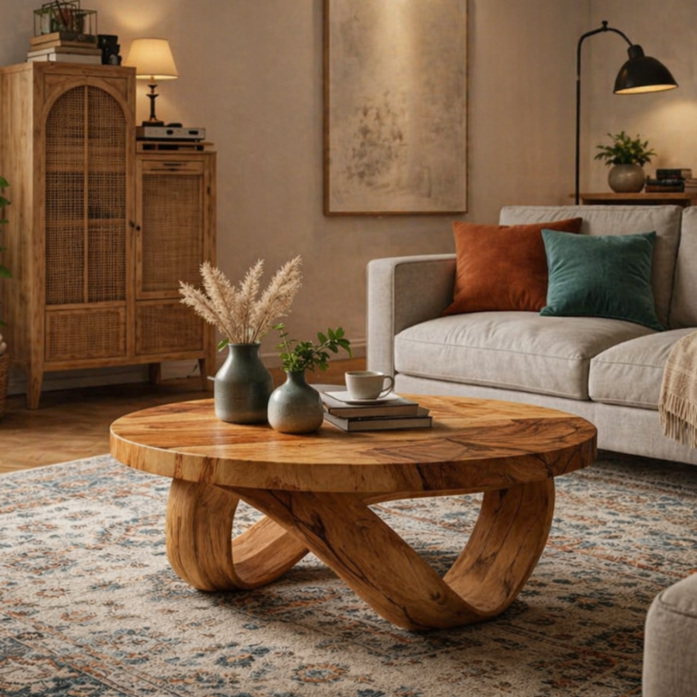 Round Solid Wood Coffee Table with Sculptural Curved Base in Warm Walnut Tone