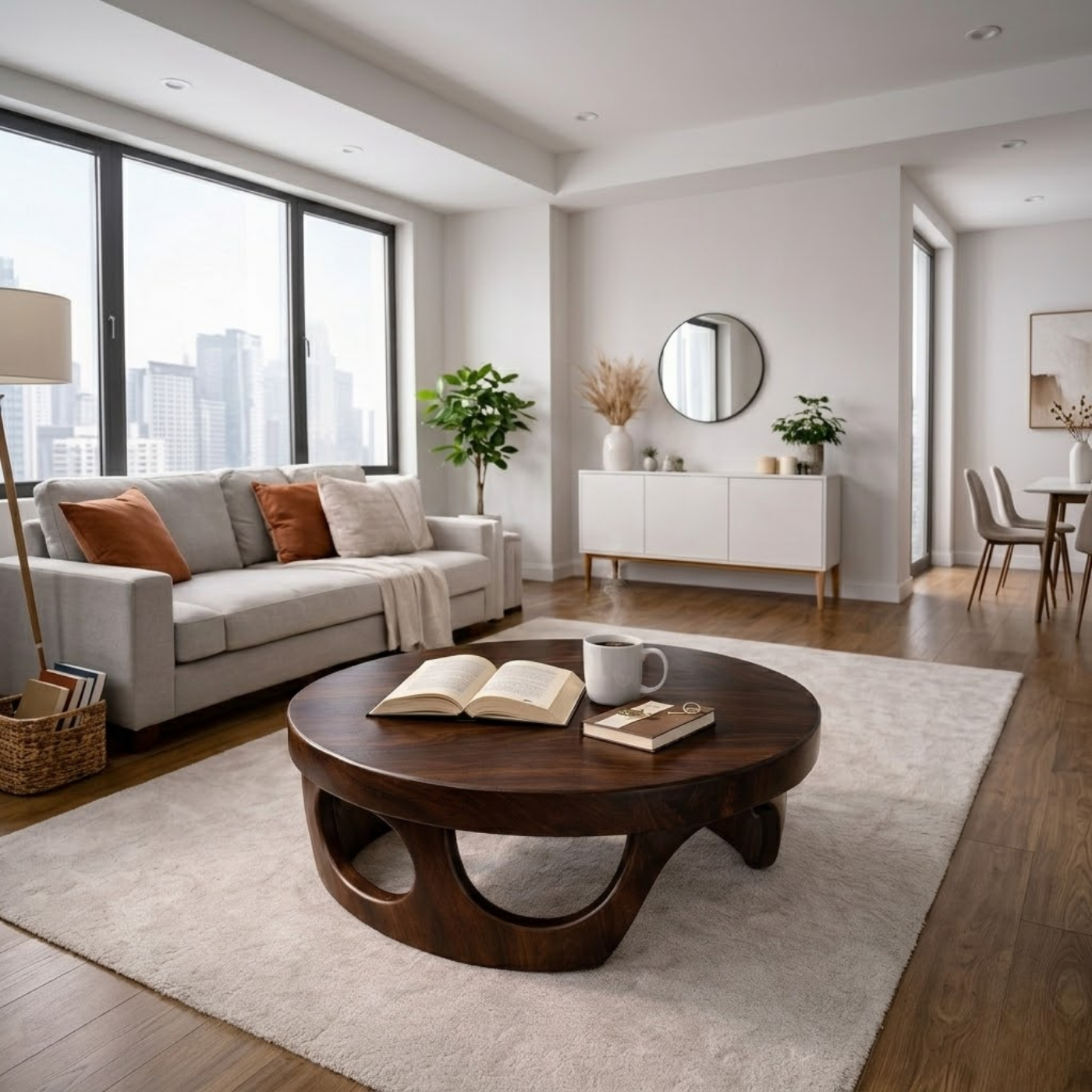 Round Solid Wood Coffee Table with Sculptural Base and Rich Walnut Finish