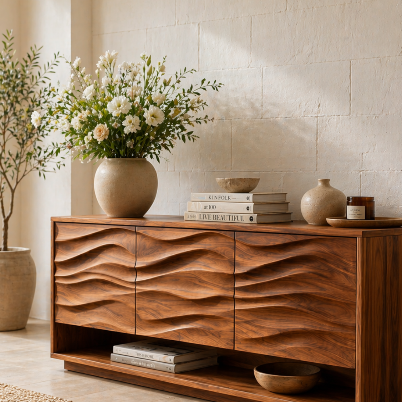 Solid Wood Console Table with Wave Carved Doors and Open Shelf in Walnut Finish