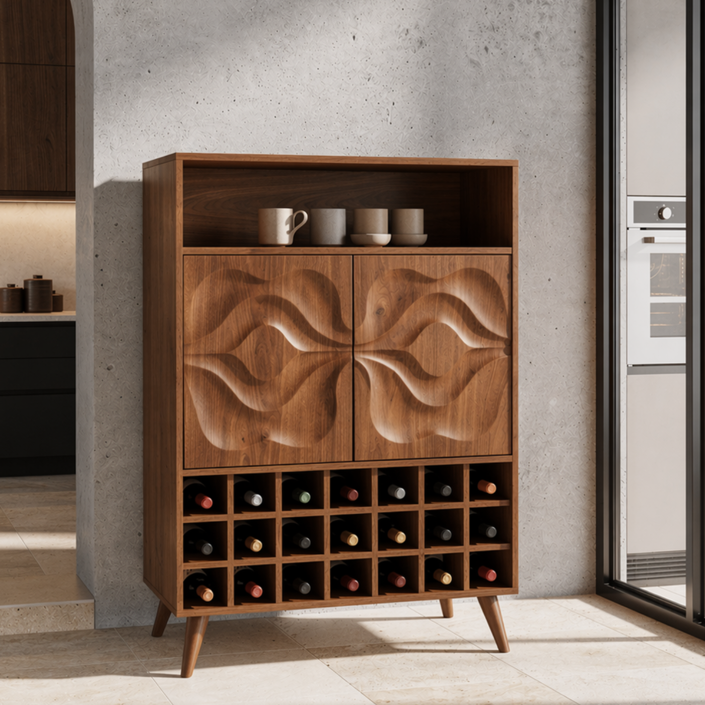 Solid Wood Wine Cabinet with Carved Doors and Grid Bottle Storage