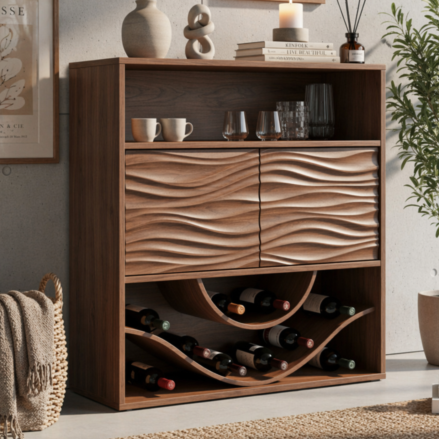 Solid Wood Wine Cabinet with Wave Carved Doors and Open Bottle Storage
