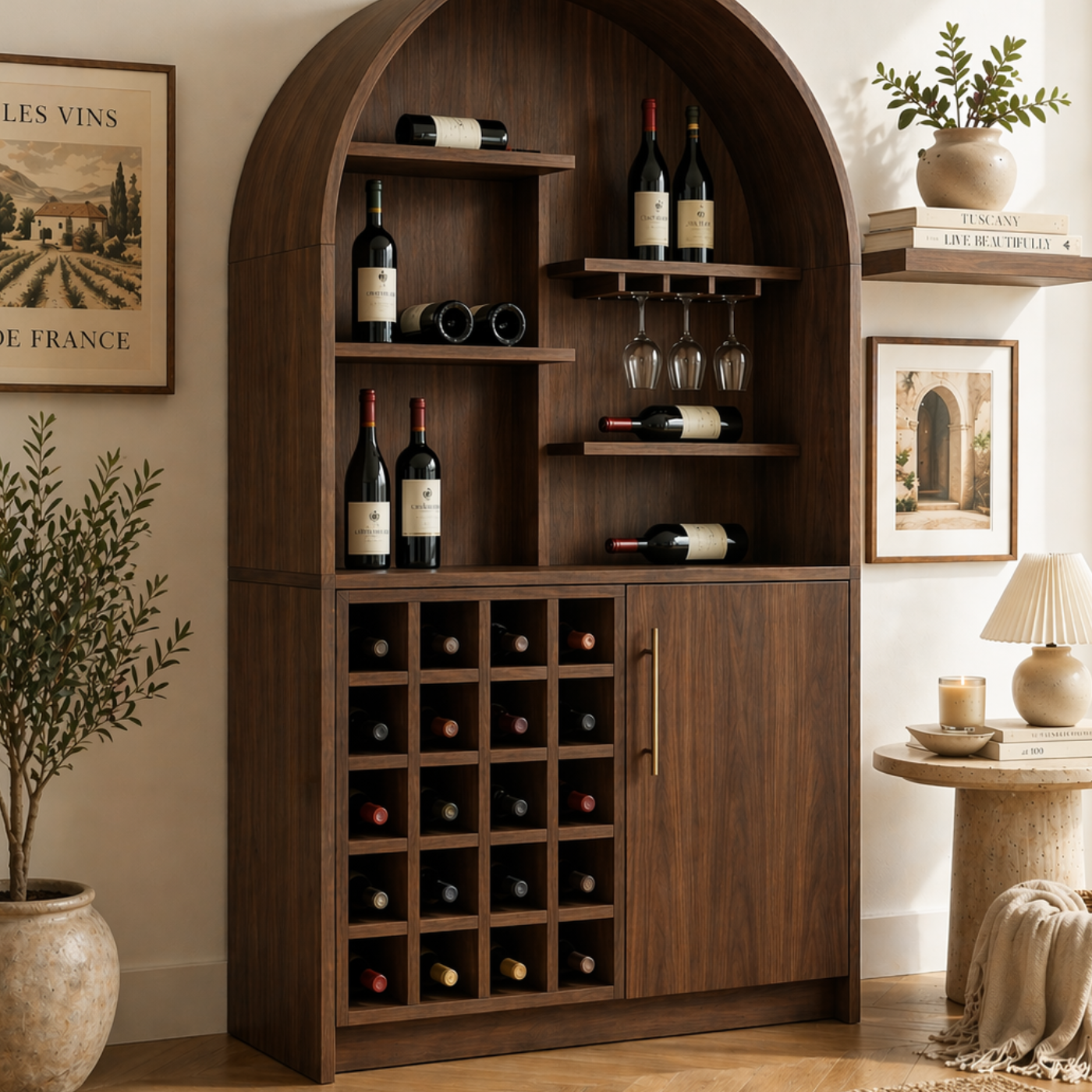 Solid Wood Wine Cabinet with Arched Display Shelves and Bottle Storage