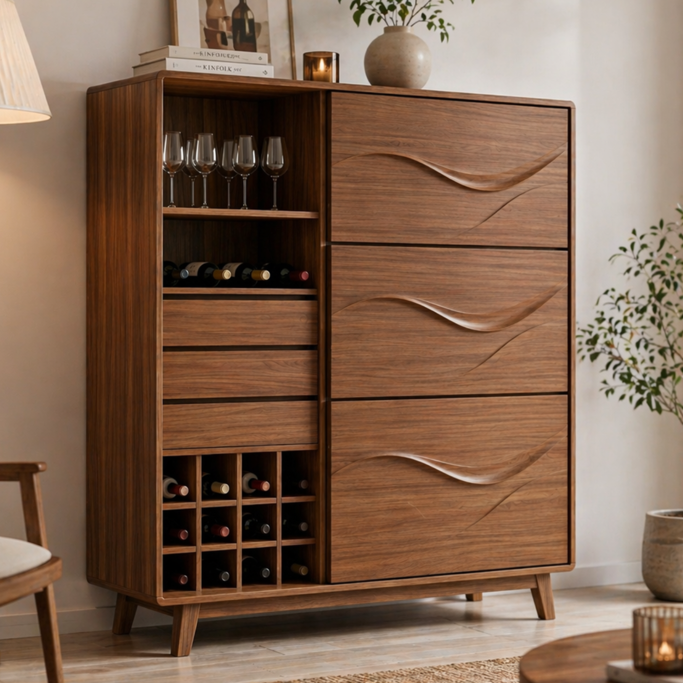 Solid Wood Wine Cabinet with Wave Carved Drawers and Bottle Storage