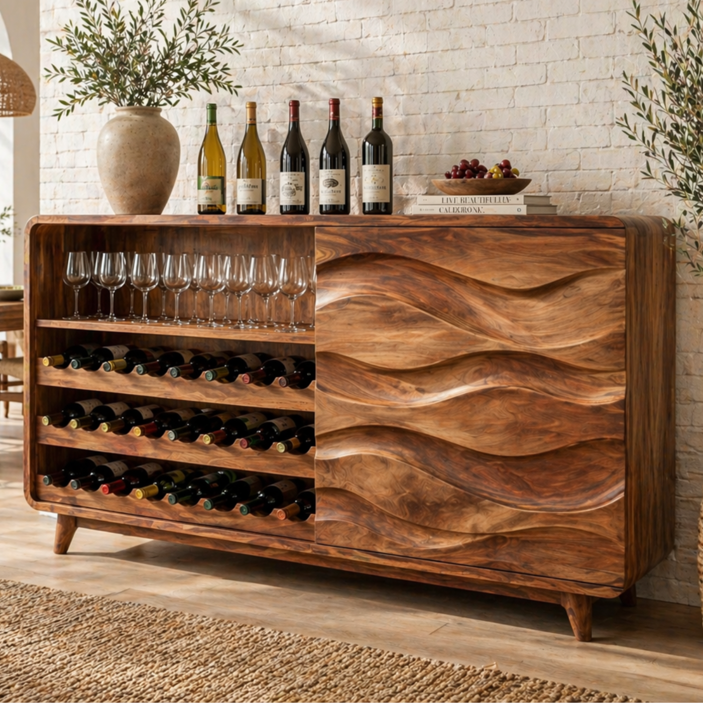 Solid Wood Wine Sideboard with Wave Carved Doors and Bottle Storage