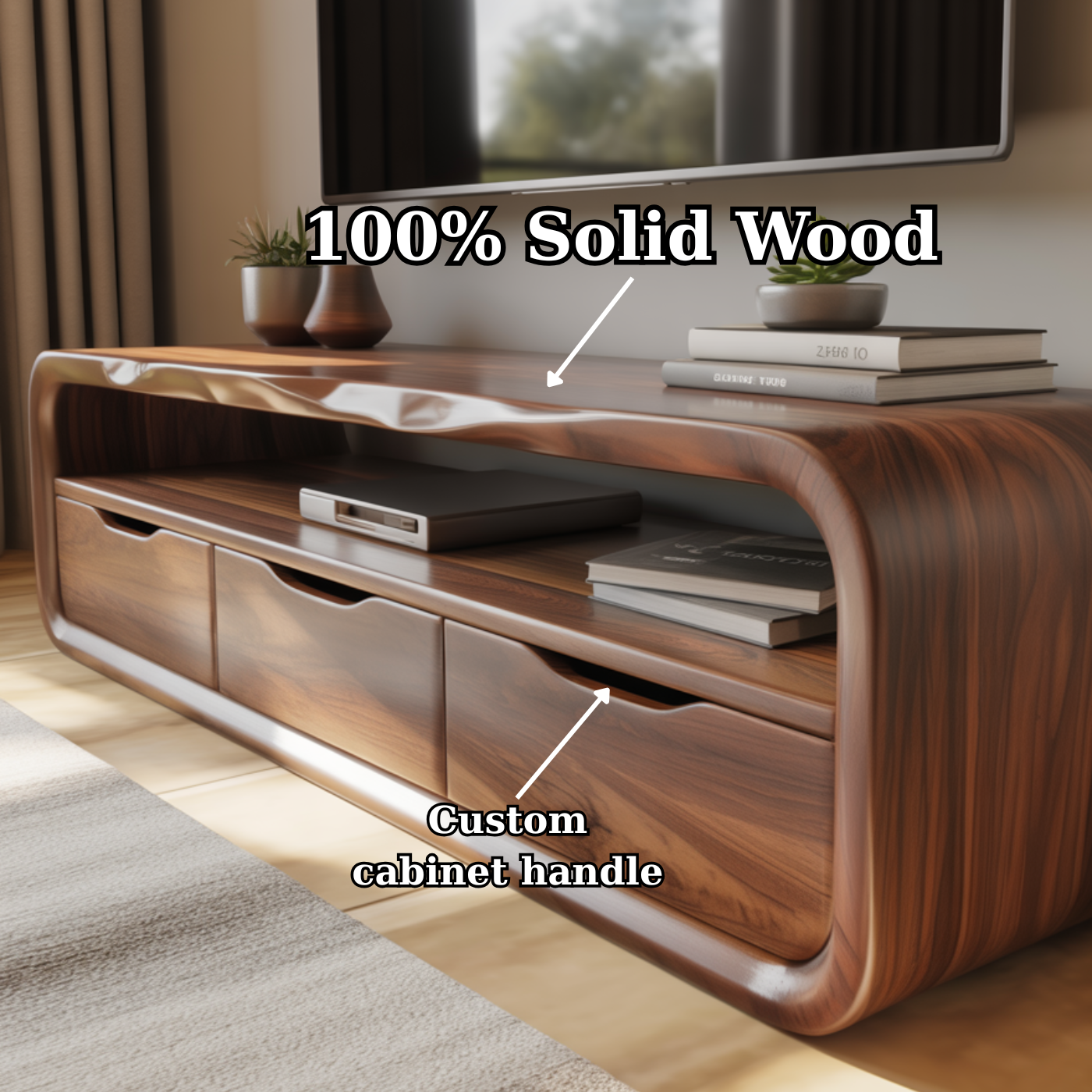 Luxury Curved Solid Wood TV Stand with Open Shelf and Drawer Storage
