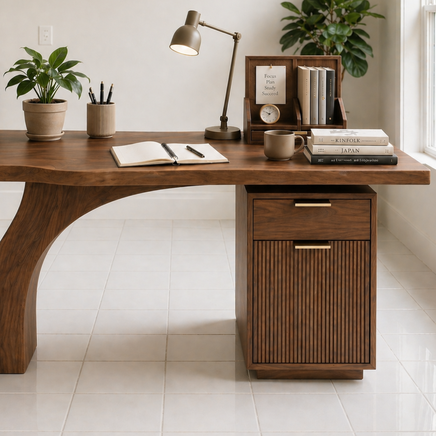 Solid Wood Study Desk with Curved Leg and Drawer Cabinet Storage