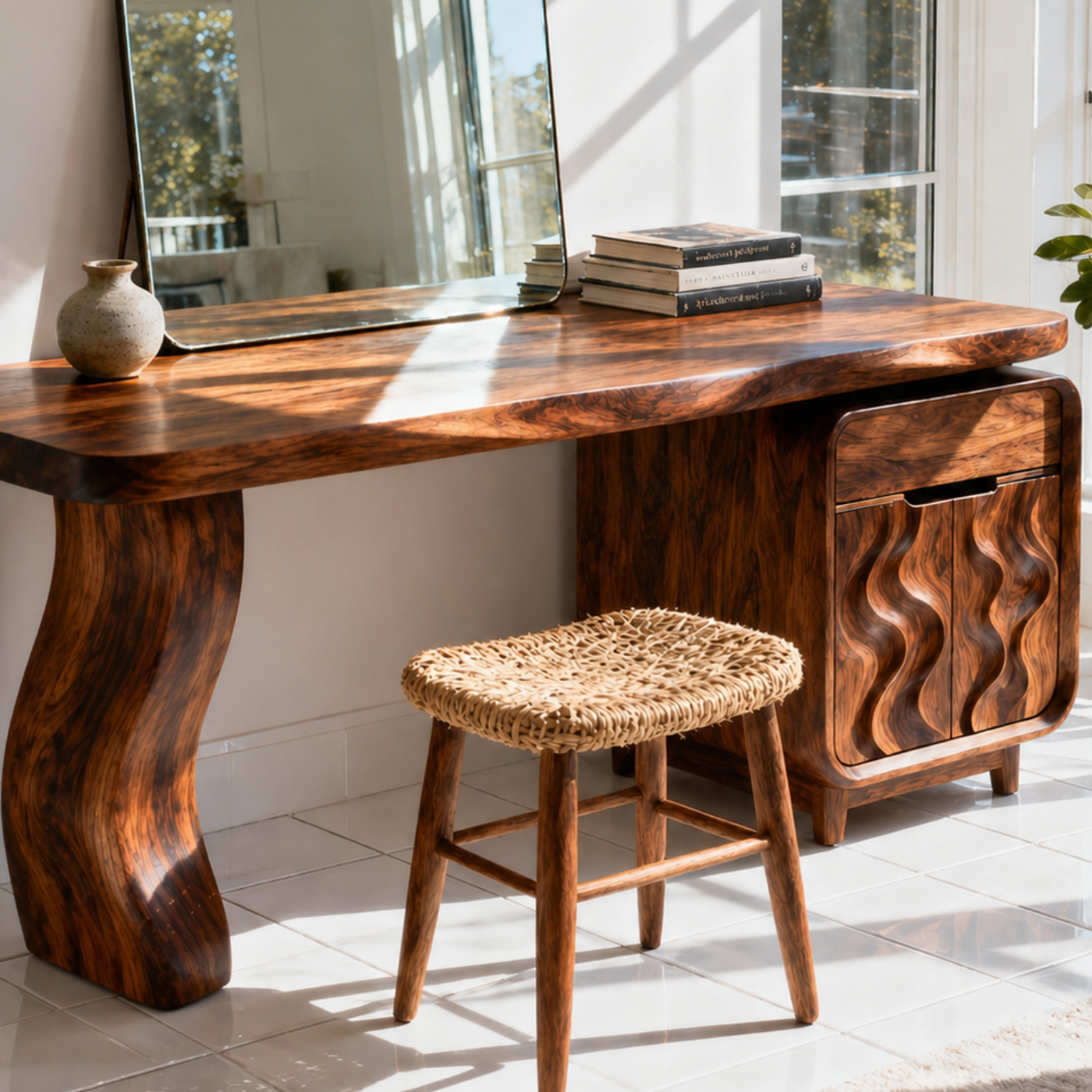 Luxury Solid Wood Makeup Vanity Desk with Sculptural Base and Wave Door Cabinet