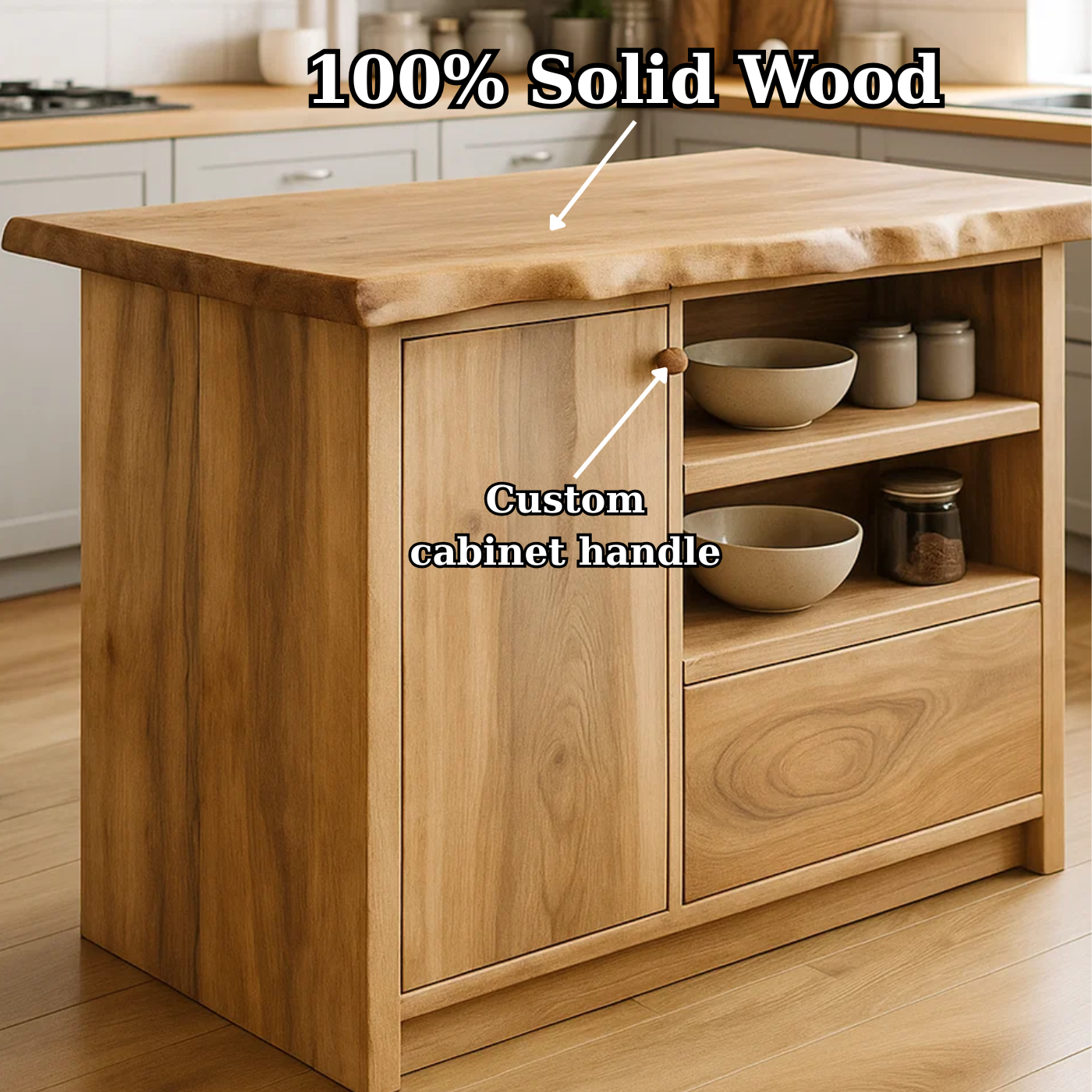 Solid Wood Kitchen Island with Cabinet and Open Shelves, Modern Oak Kitchen Prep Table