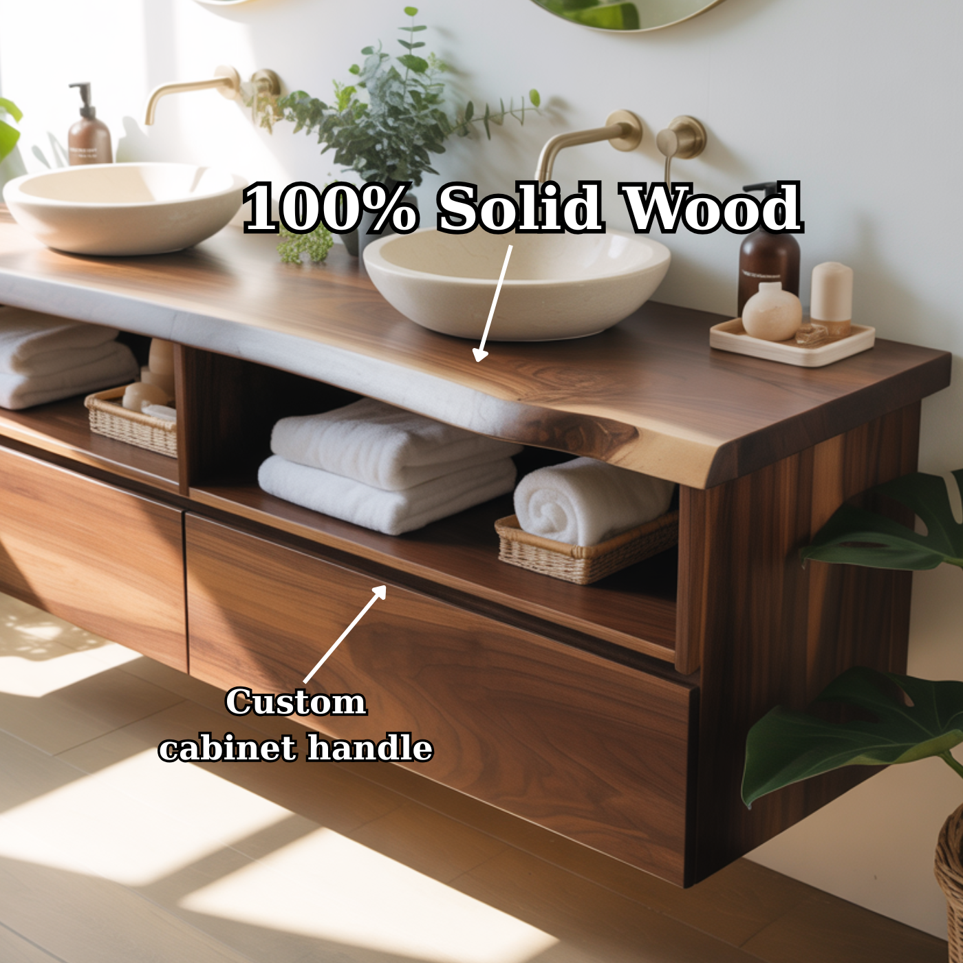 Modern Double Floating Solid Wood Bathroom Vanity Cabinet
