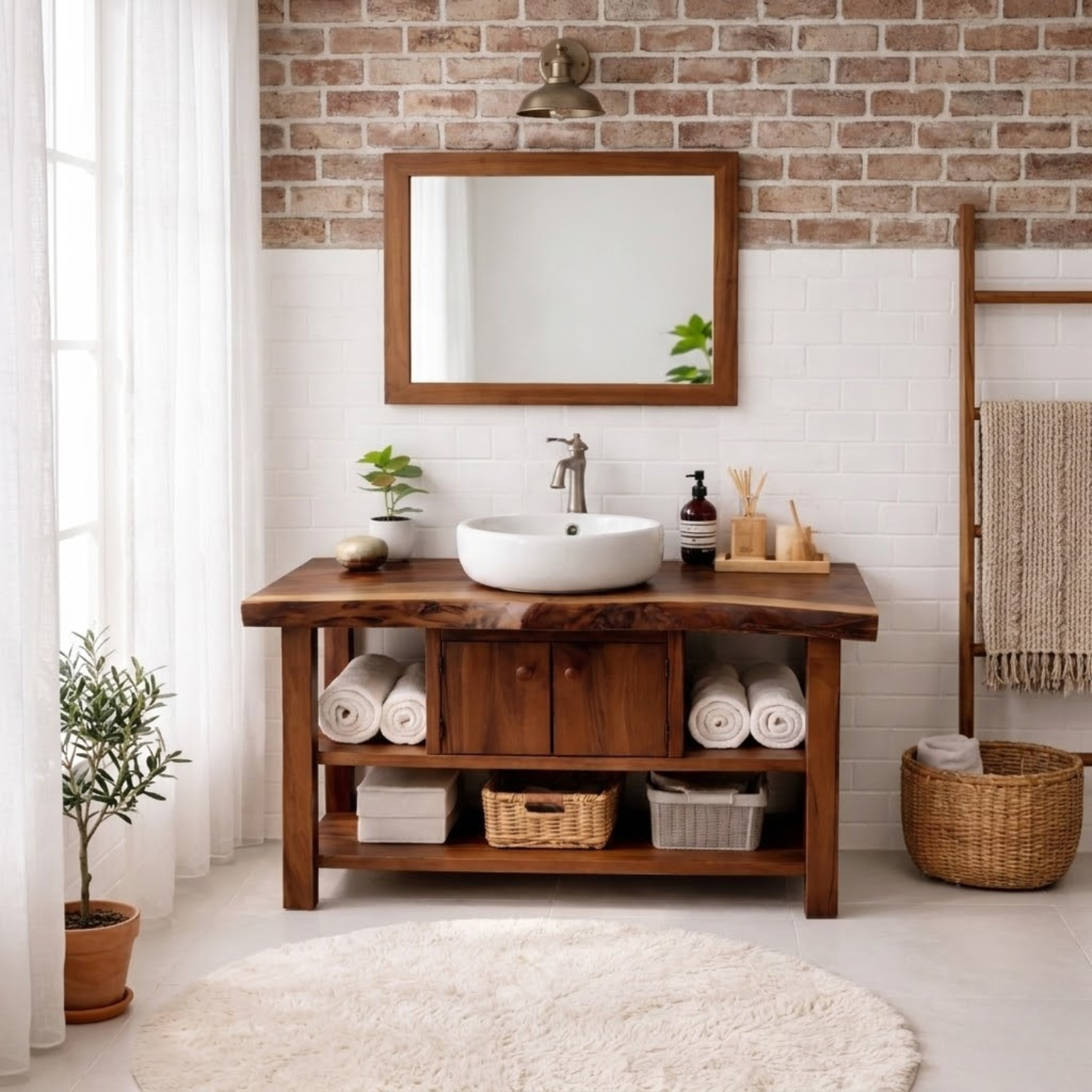 Live Edge Solid Wood Bathroom Vanity with Open Shelves and Storage Cabinet – Rustic Modern Bathroom Vanity