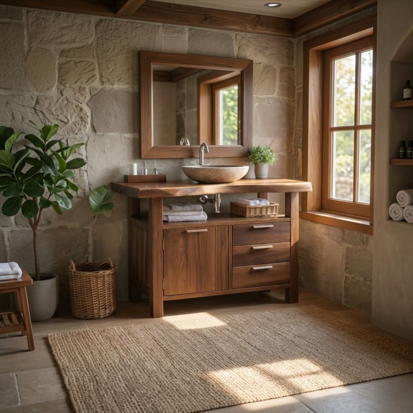 Solid Wood Bathroom Vanity with Cabinet Door, Three Drawers and Open Shelf for Rustic Modern Bathrooms