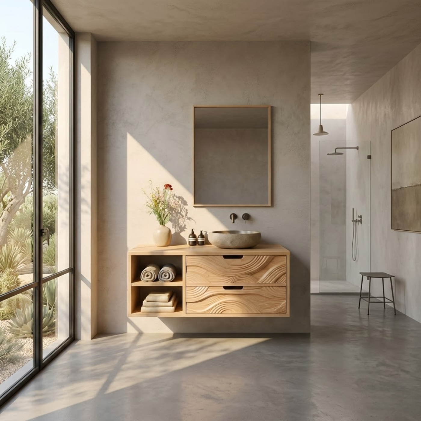Floating Solid Wood Bathroom Vanity with Sculpted Wave Drawers and Open Shelf – Modern Organic Bathroom Cabinet