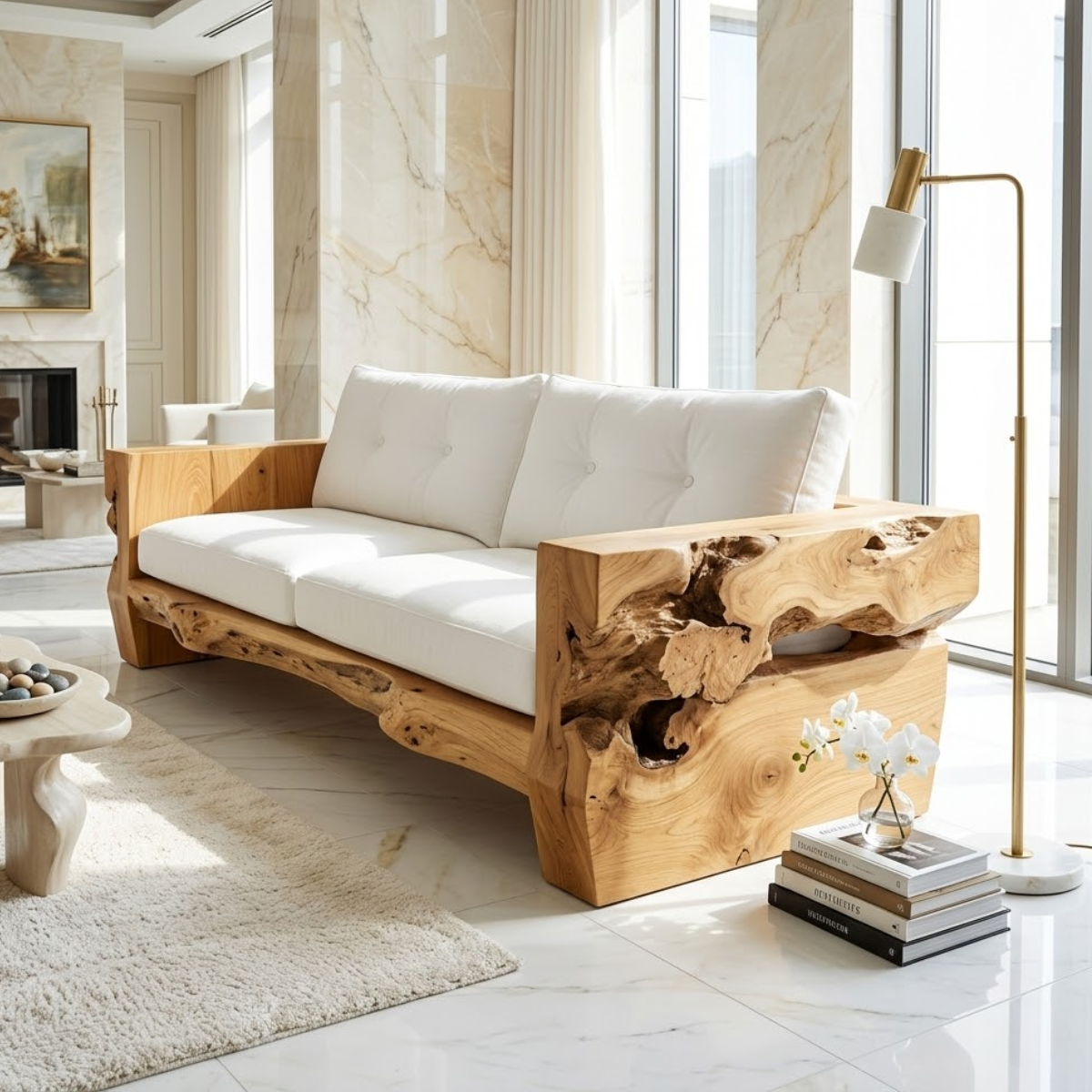 Contemporary Organic Wooden Sofa, Sculptural Luxury Lounge Couch with White Cushions