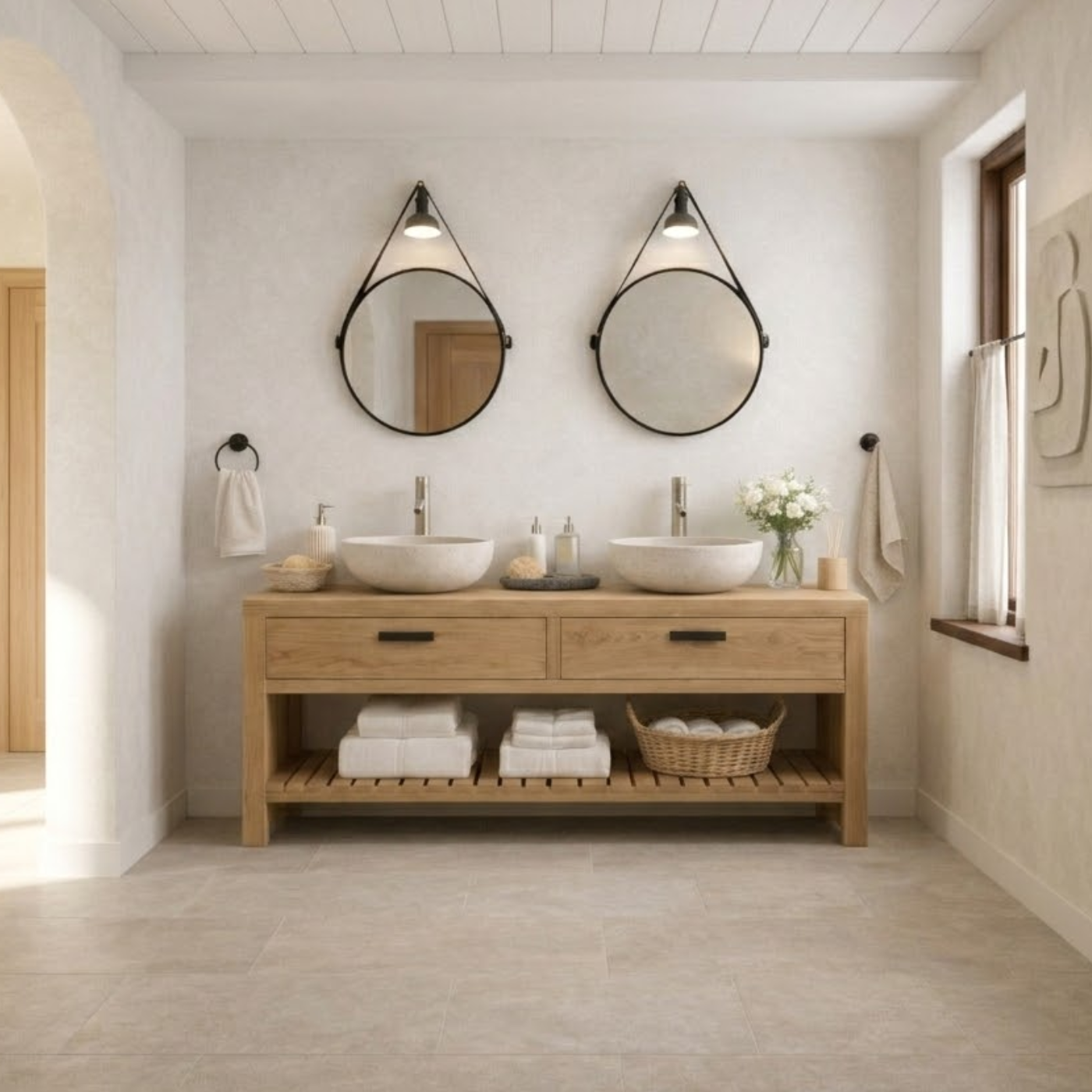 Scandinavian Solid Wood Double Sink Bathroom Vanity with Dual Drawers and Slatted Open Shelf