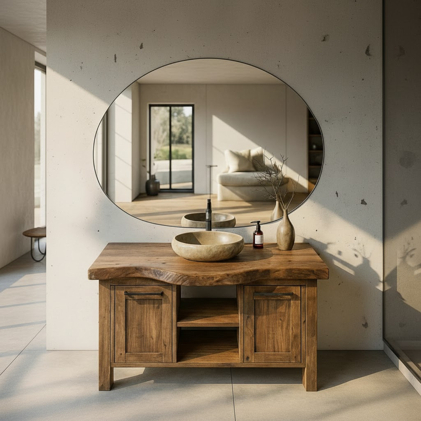Solid Wood Bathroom Vanity with Double Door Cabinets and Open Center Shelf