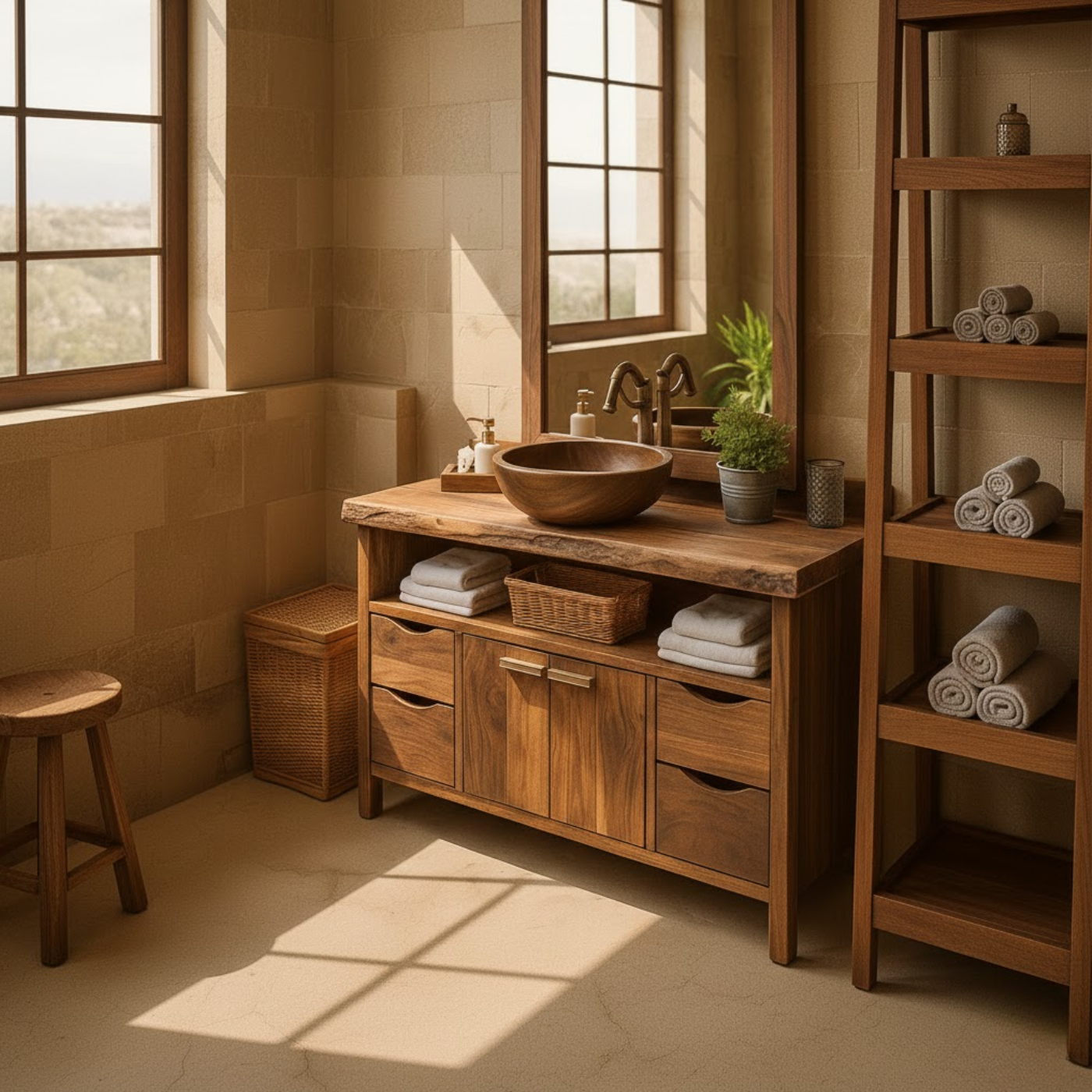 Rustic Solid Wood Bathroom Vanity Cabinet with Multi-Drawer Storage and Open Shelf