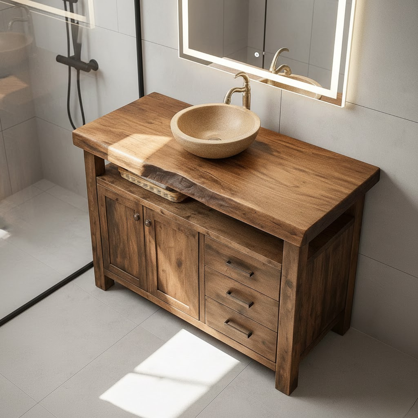 Rustic Solid Wood Bathroom Vanity with Double Door Cabinet and Three Drawers