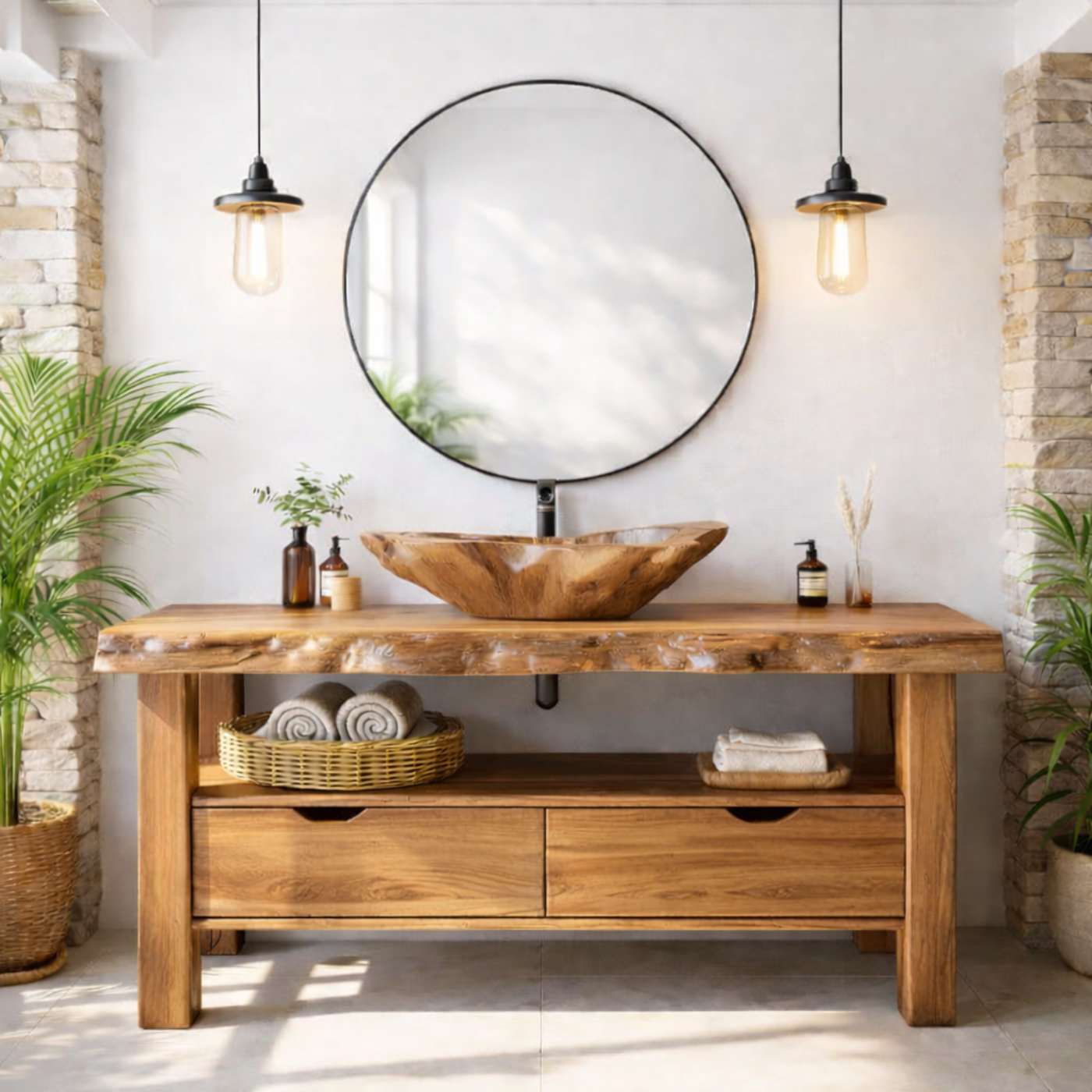 Solid Wood Bathroom Vanity with Live Edge Countertop and Open Shelf – Rustic Modern Bathroom Cabinet