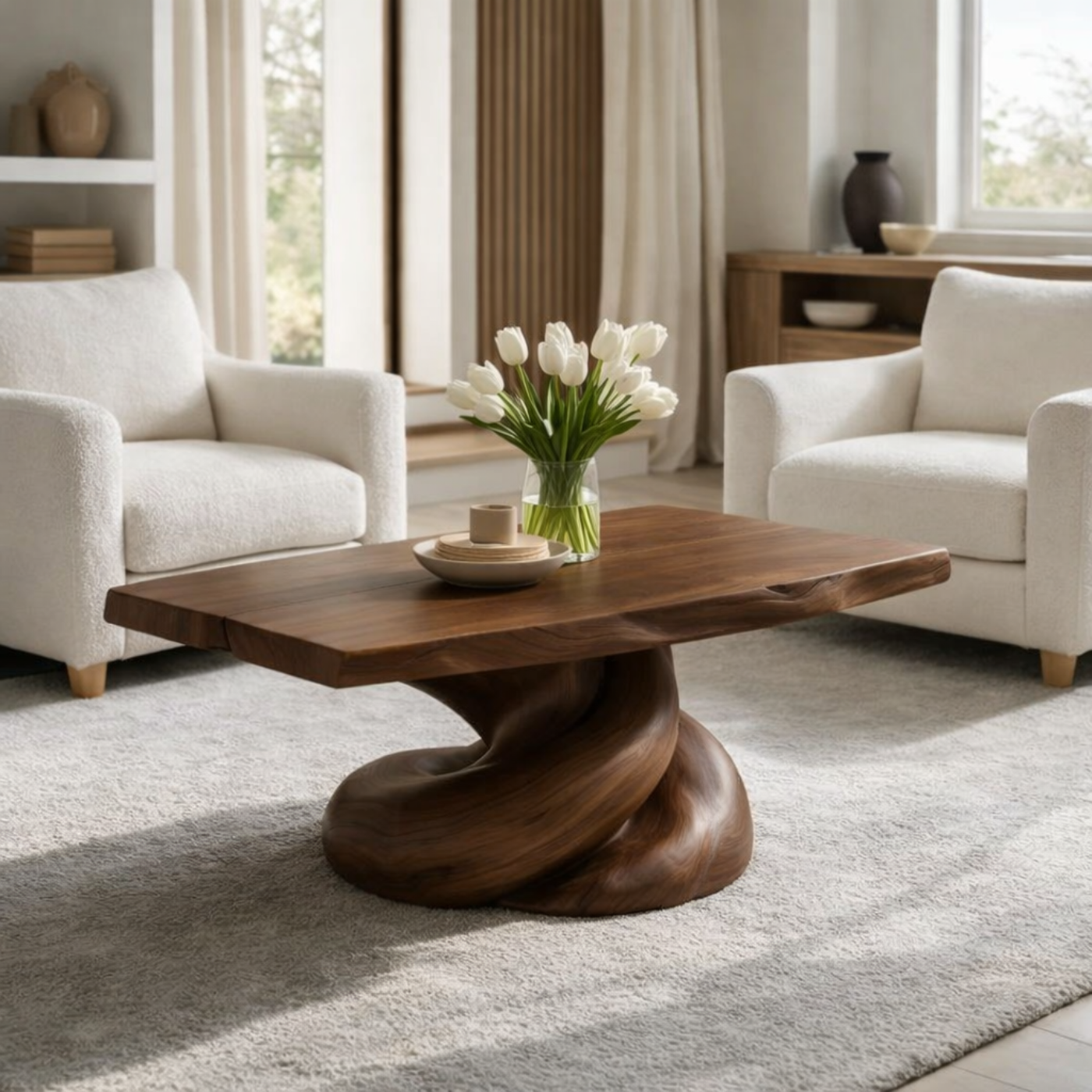 Solid Wood Coffee Table with Live Edge Top and Organic Sculptural Base