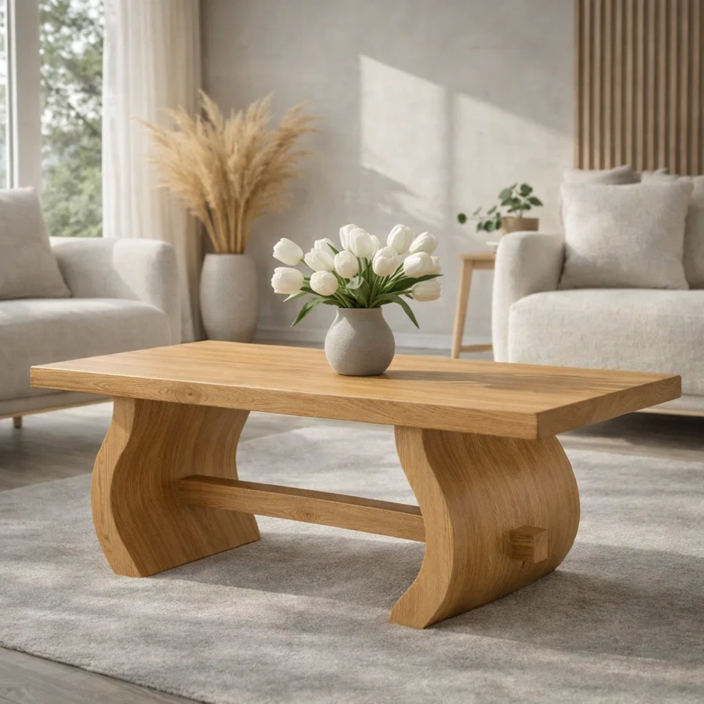 Solid Wood Coffee Table for Modern Home with Sculpted Curved Legs