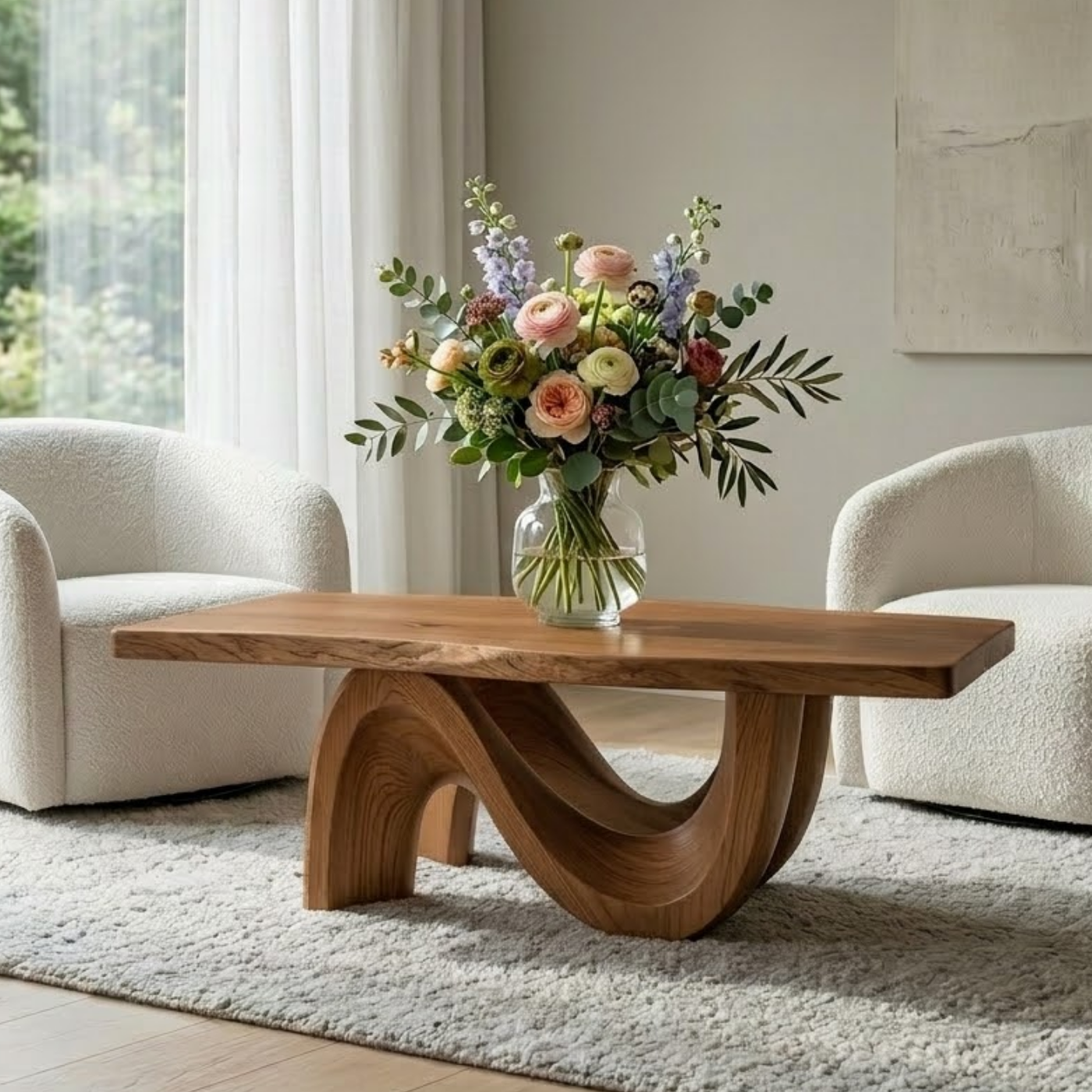Solid Wood Coffee Table for Modern Living Room with Sculptural Curved Base