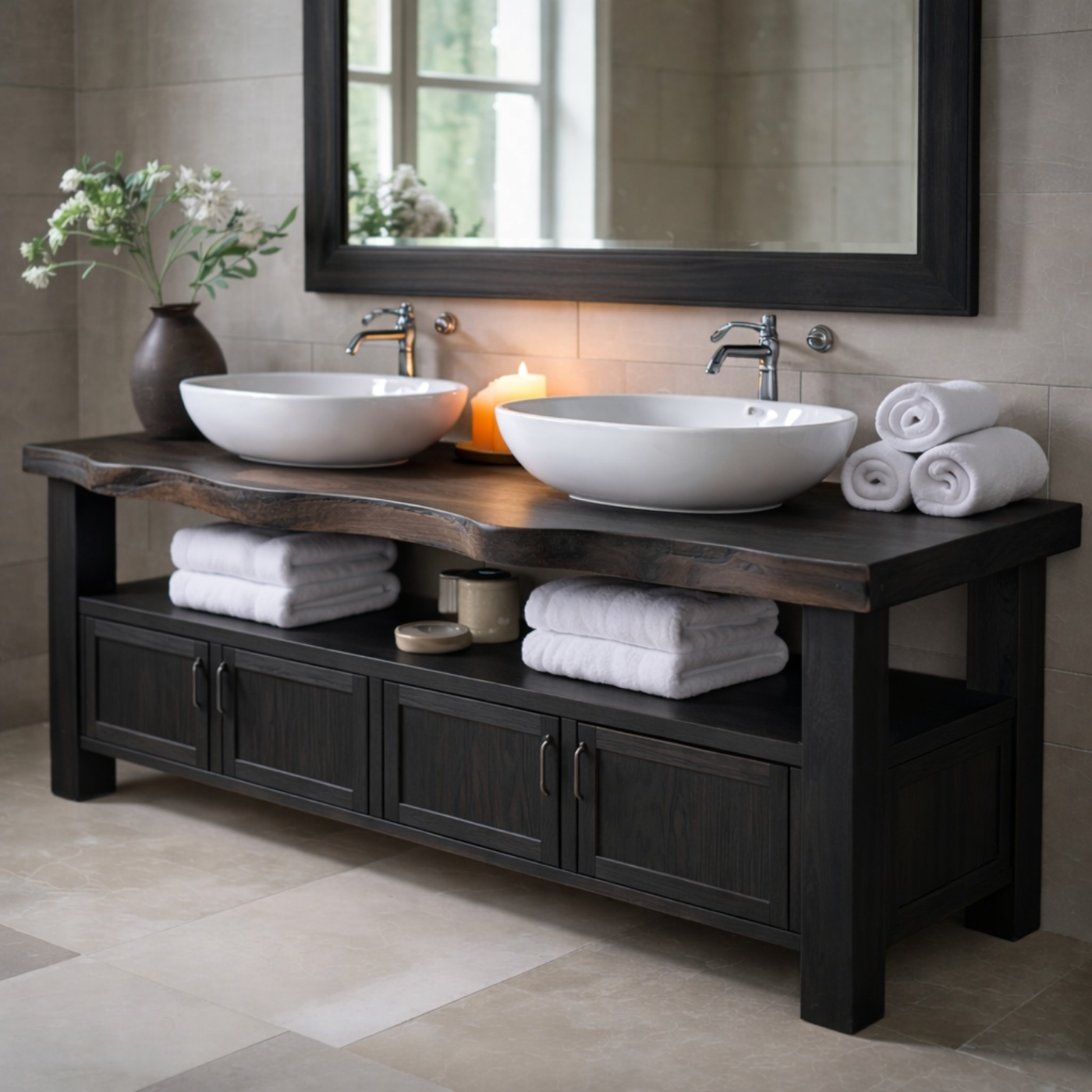 Solid Wood Bathroom Vanity with Storage Cabinet and Open Shelf