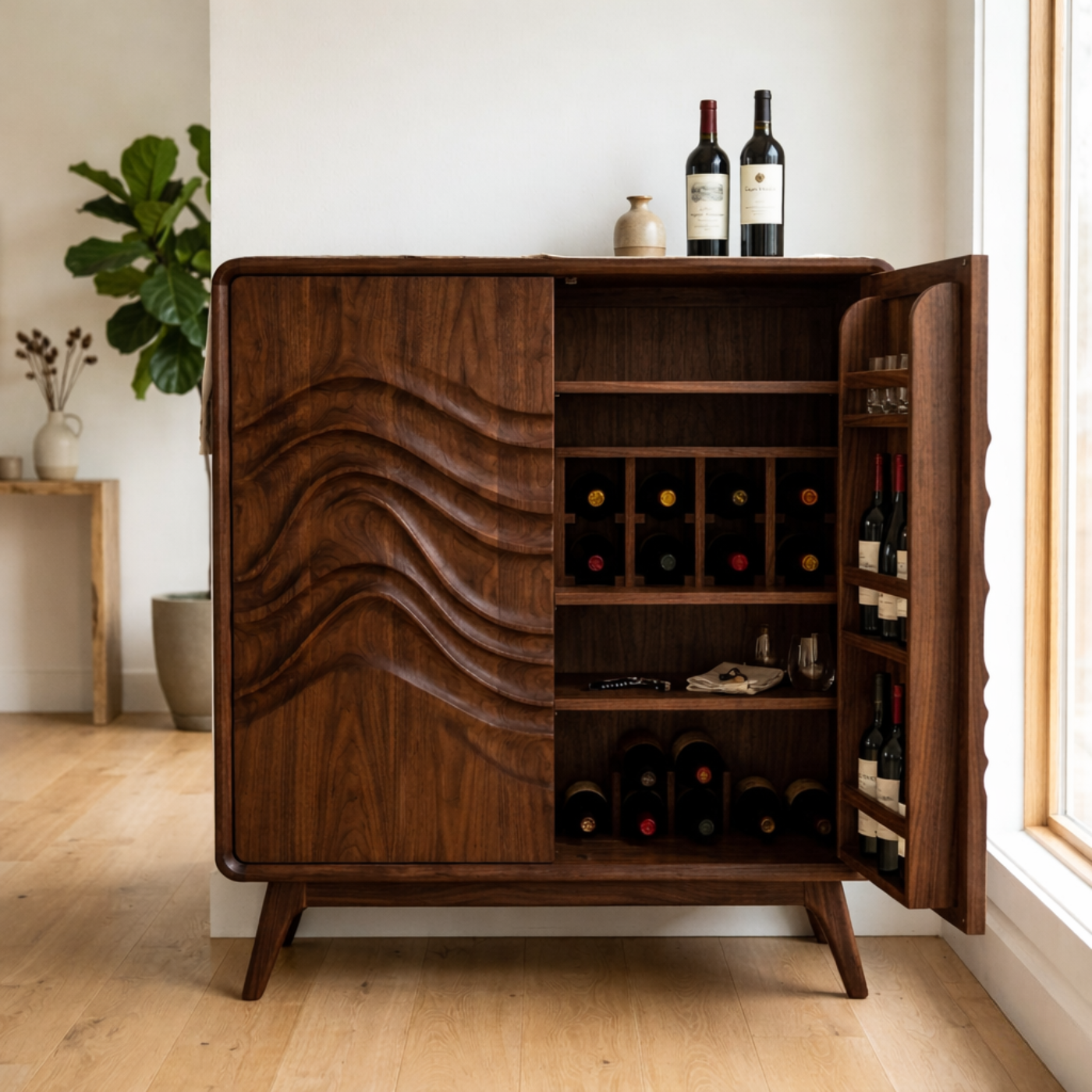 Handcrafted Solid Wood Wine Cabinet with Sculpted Wave Door and Storage Shelves