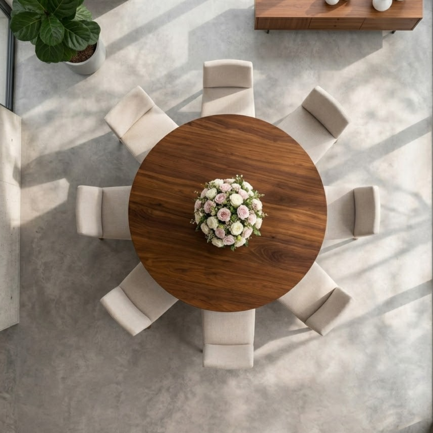 Round Solid Wood Dining Table with Sculptural Pedestal Base