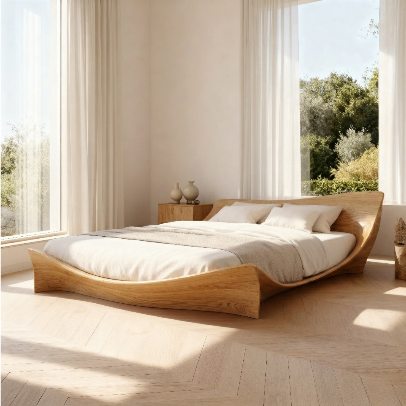 Solid Wood Platform Bed with Sculptural Curved Frame