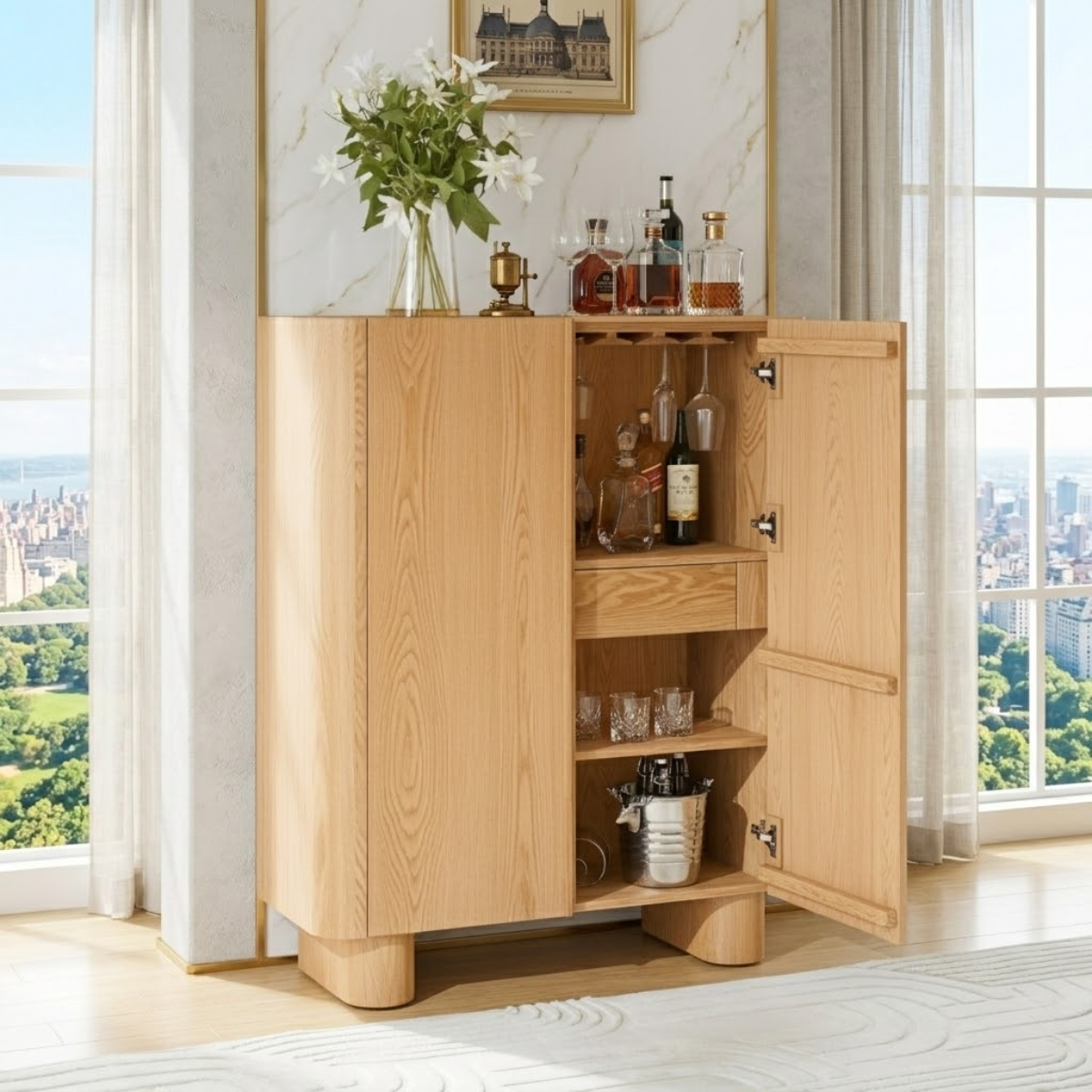 Modern Bar Cabinet with Wine Glass Holder and Concealed Liquor Storage