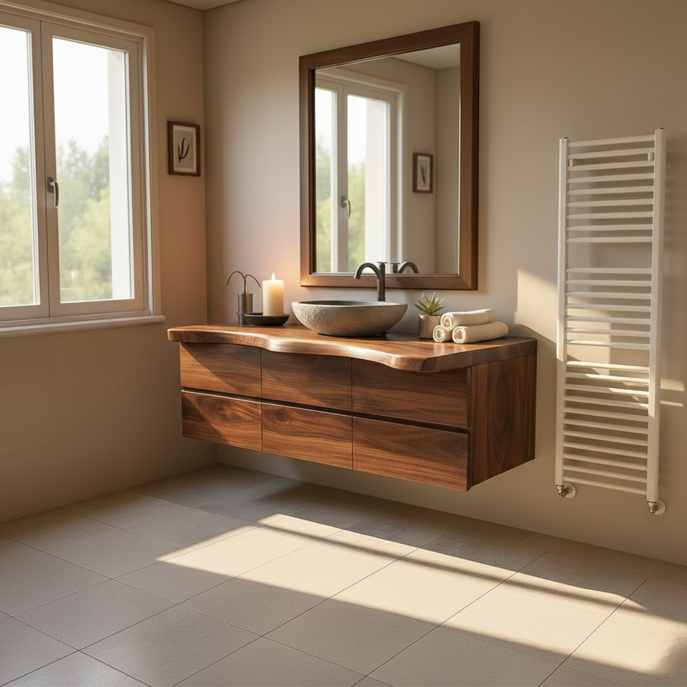 Luxury Solid Walnut Floating Bathroom Vanity with Sculpted Live Edge Countertop and Soft-Close Drawers