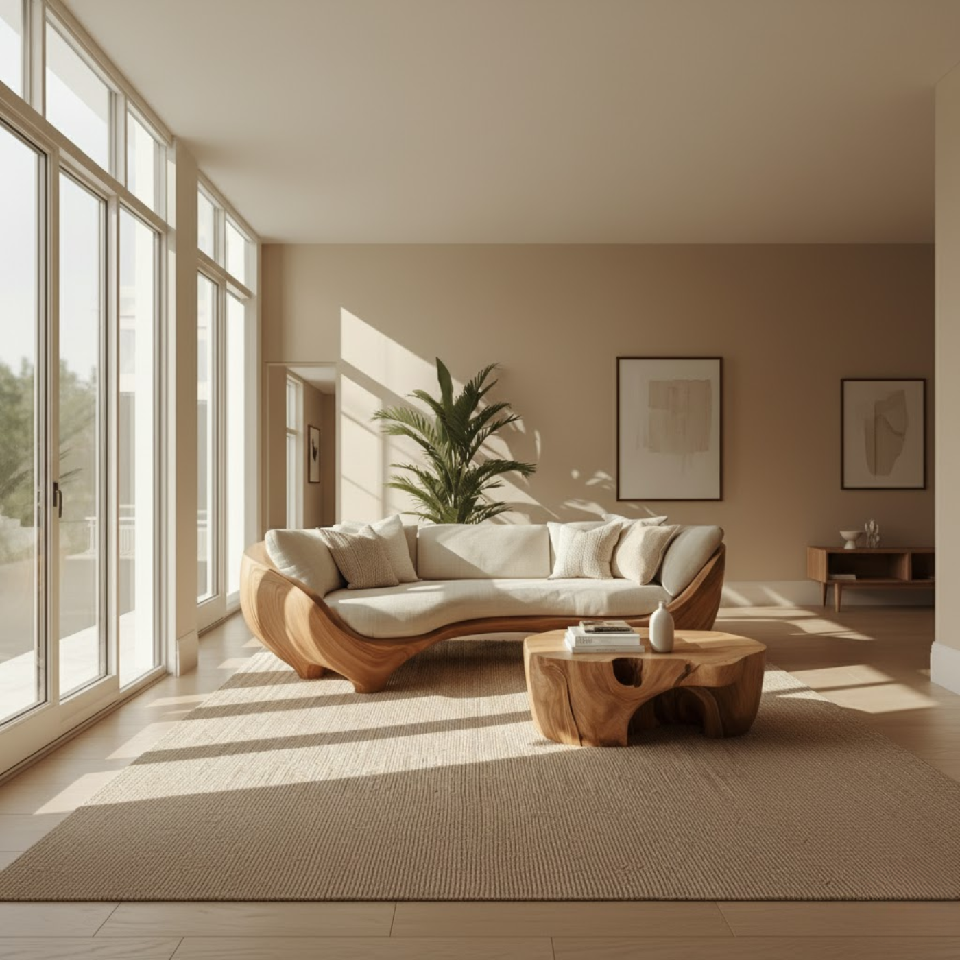 Luxury Curved Solid Wood Sofa with Organic Modern Design