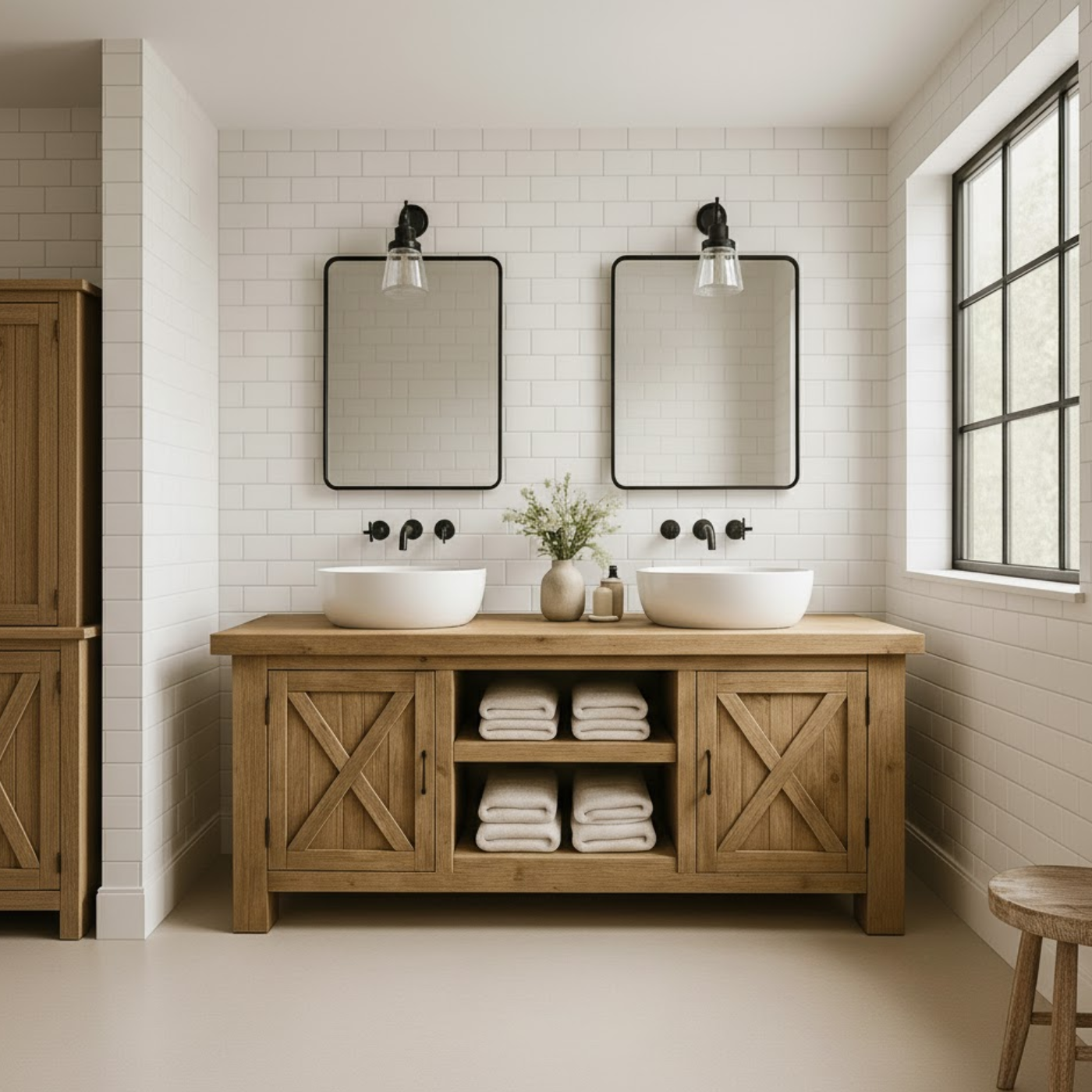 Solid Wood Double Bathroom Vanity Cabinet with Sliding Barn-Style Doors and Open Center Shelving