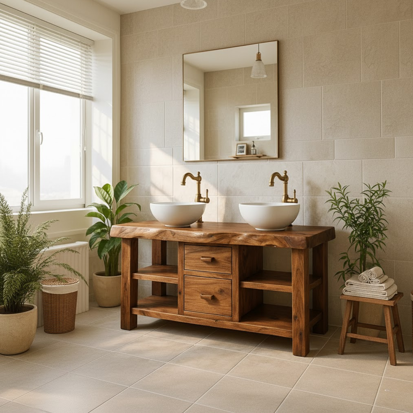 Solid Wood Double Bathroom Vanity with Open Shelving and Center Drawers