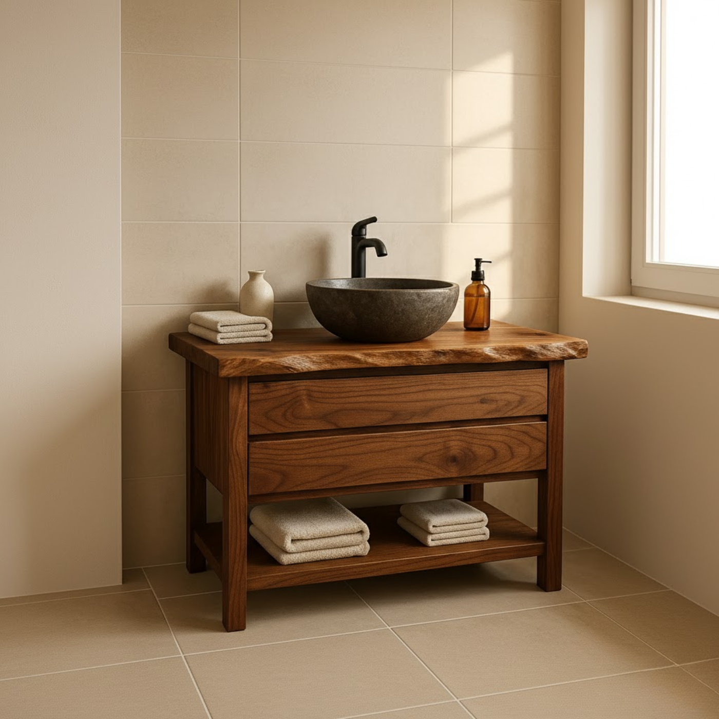 Live Edge Solid Wood Bathroom Vanity with Two Drawers and Open Bottom Shelf for Warm Modern Bathrooms