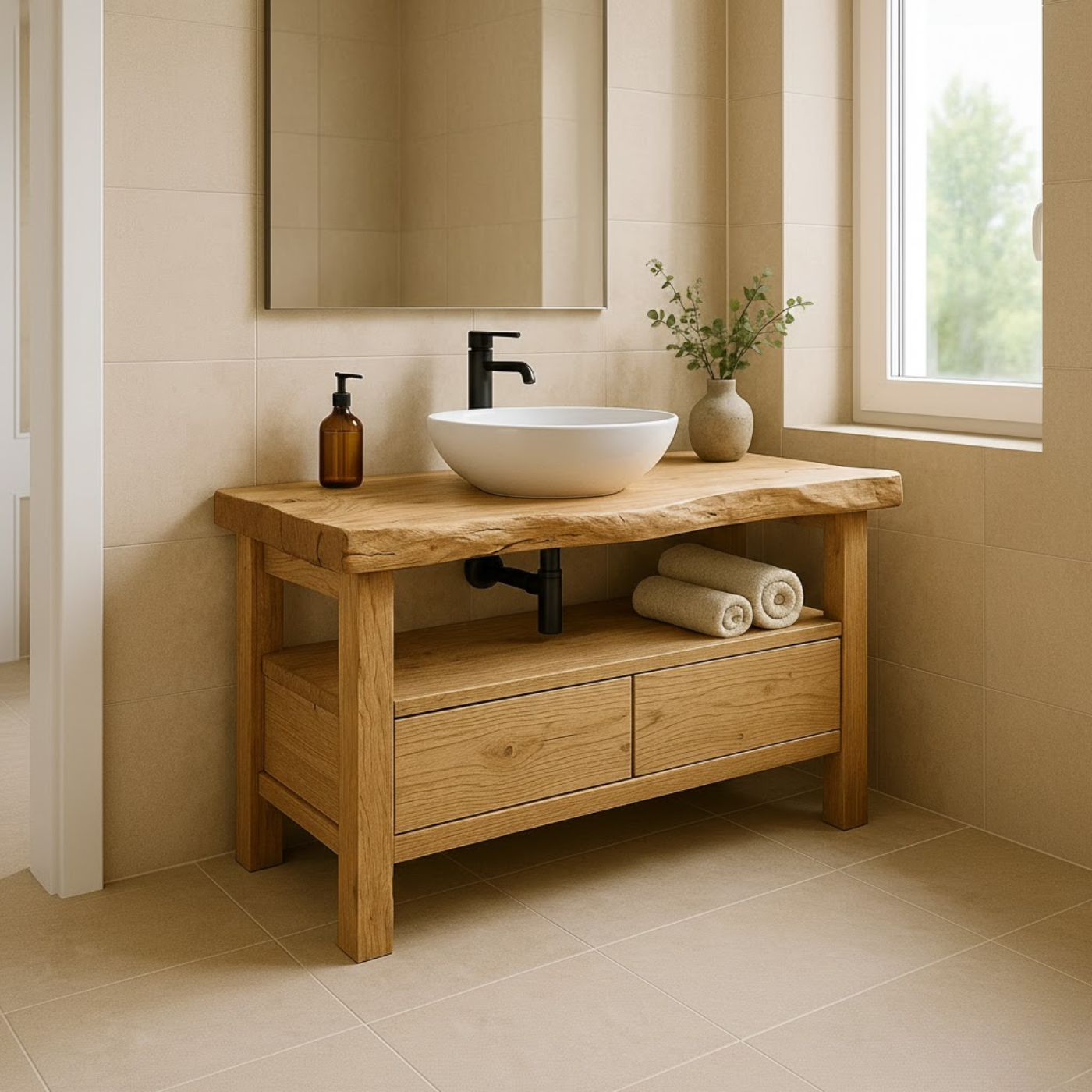 Handcrafted Solid Wood Bathroom Vanity with Dual Drawers and Open Shelf for Minimalist Bathrooms