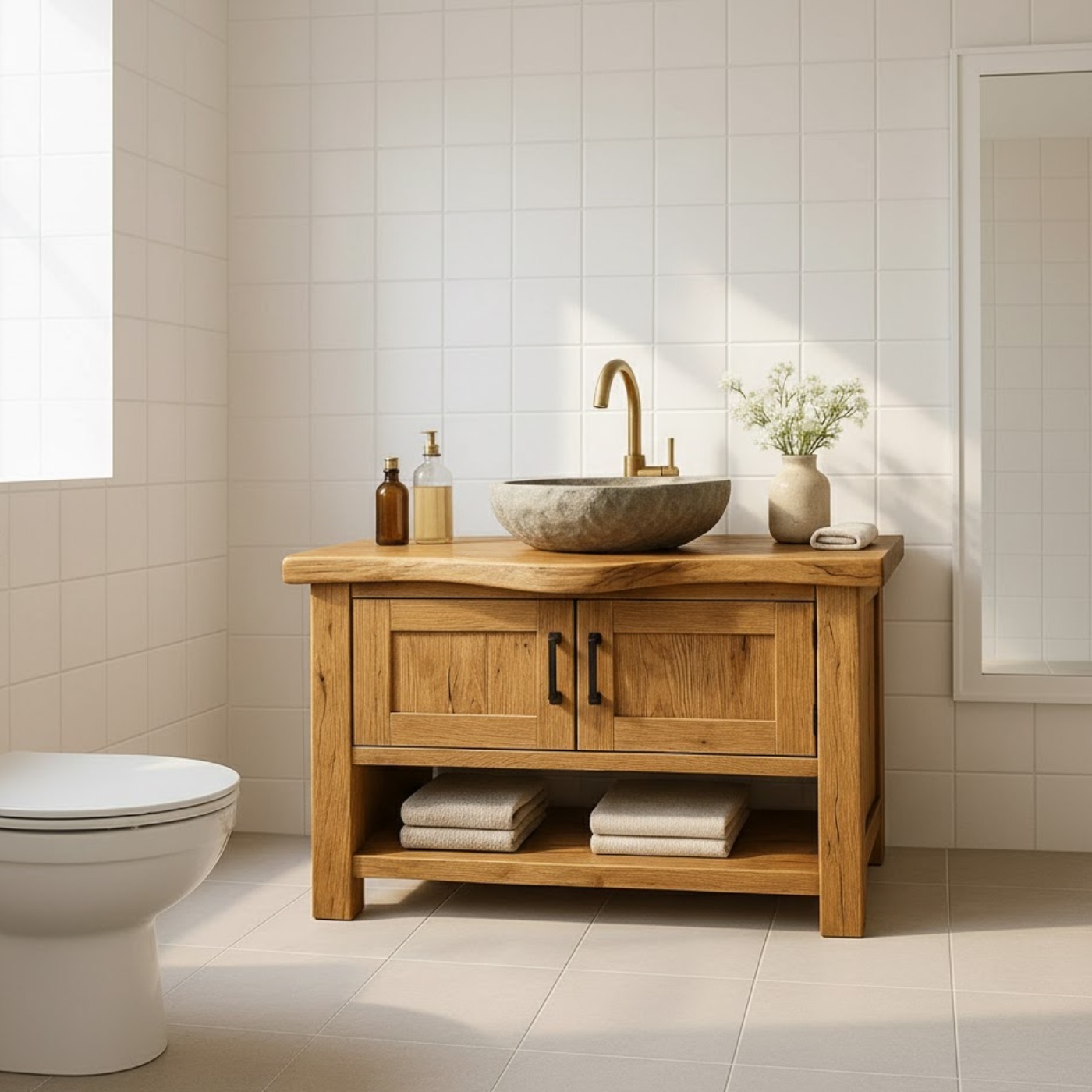 Solid Wood Bathroom Vanity with Double Cabinet Doors and Open Shelf for Organic Modern Bathrooms