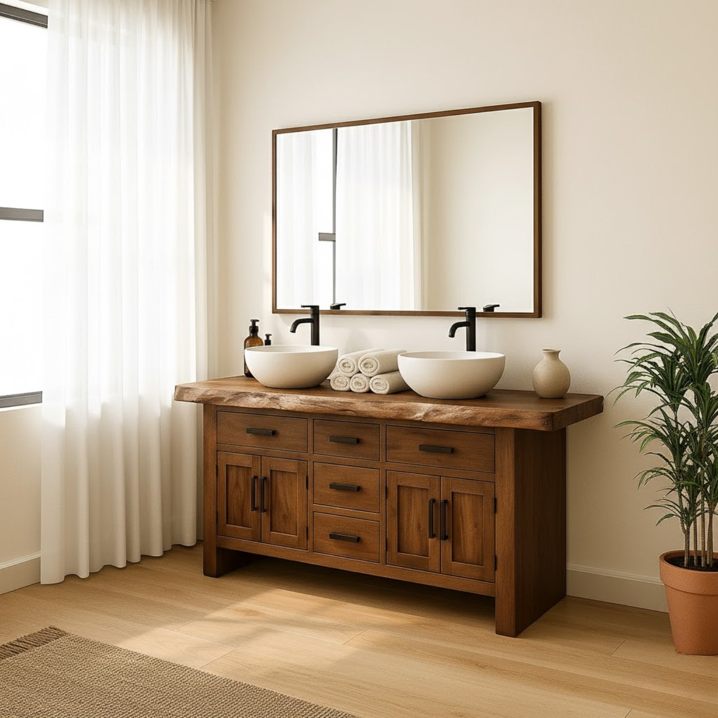 Solid Wood Double Bathroom Vanity with Five Drawers and Dual Cabinet Doors for Master Bathrooms