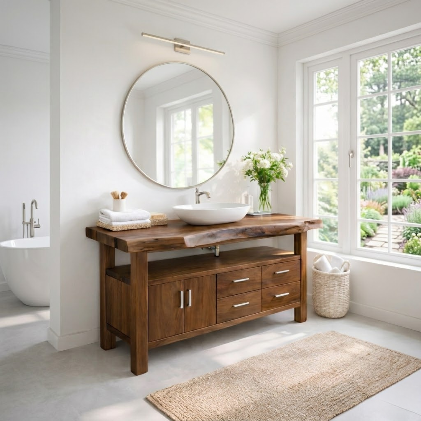 Live Edge Solid Wood Bathroom Vanity with Double Cabinet Doors, Four Drawers and Open Shelf