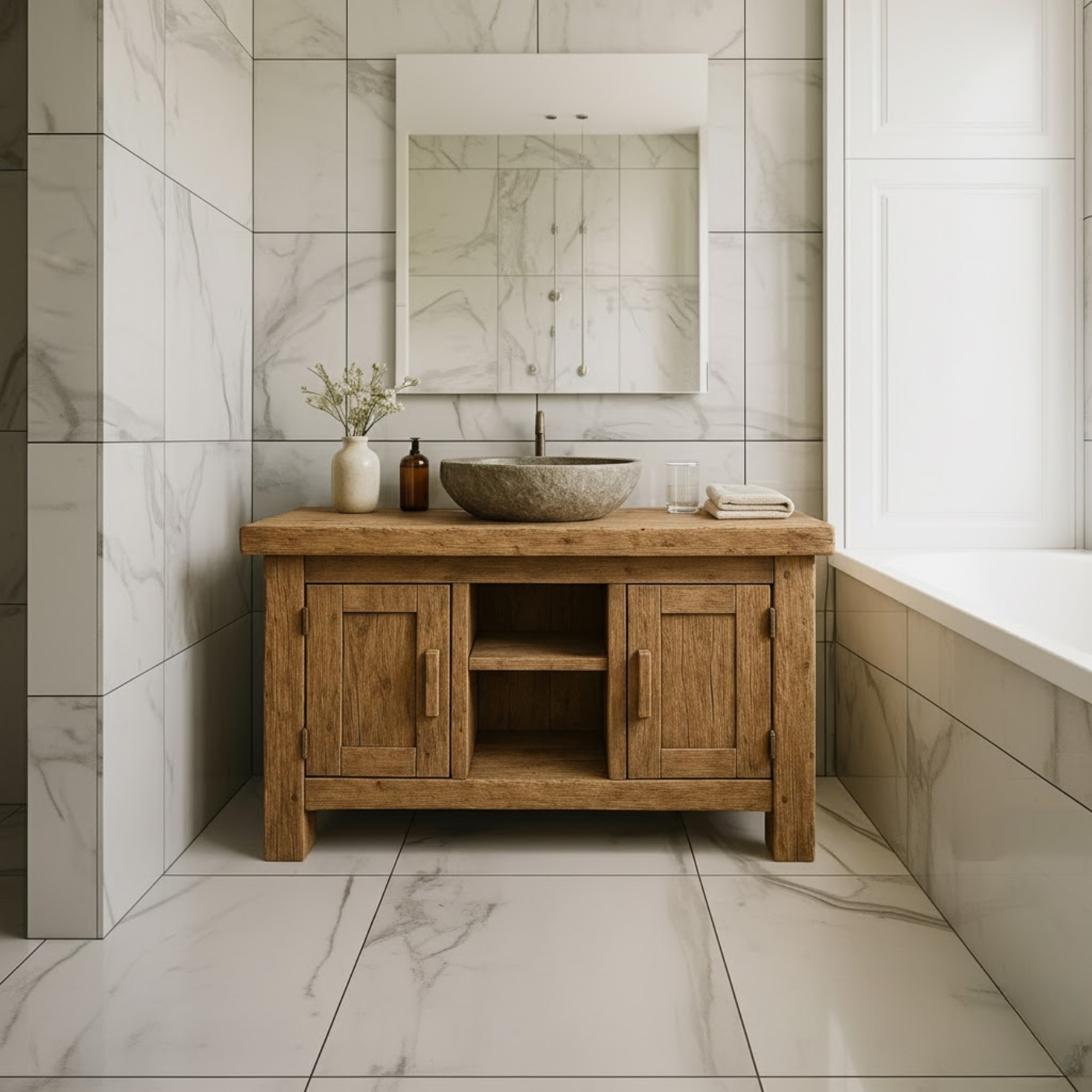 Farmhouse Solid Wood Bathroom Vanity Cabinet with Double Door Storage and Open Shelf