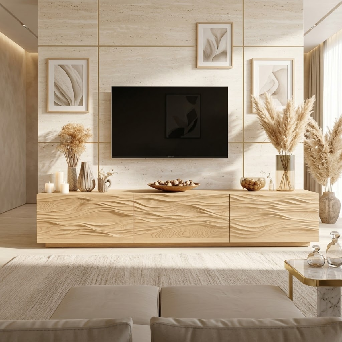 Sculptural Wave Carved TV Console, Modern Entertainment Cabinet for Refined Interiors