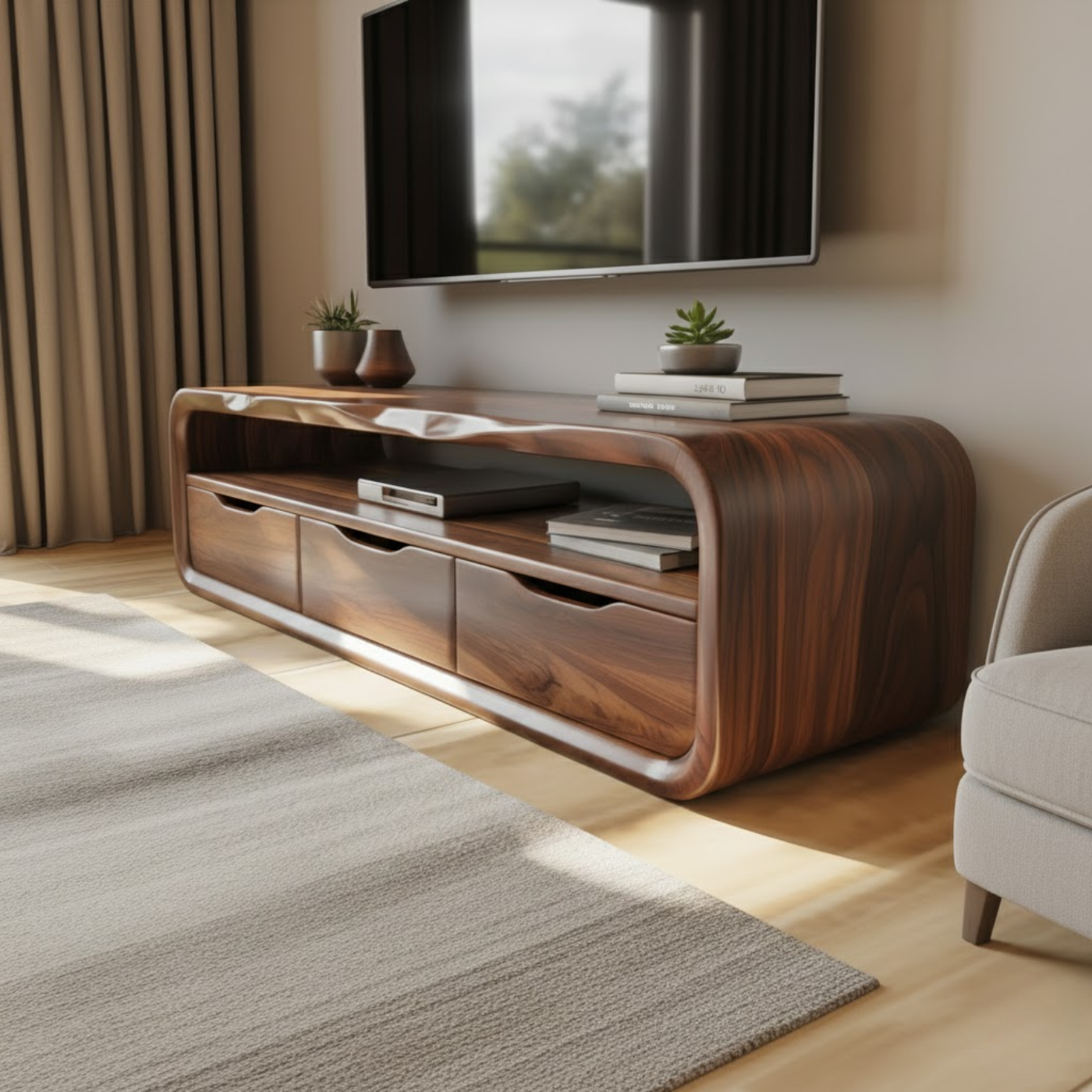 Luxury Curved Solid Wood TV Stand with Open Shelf and Drawer Storage