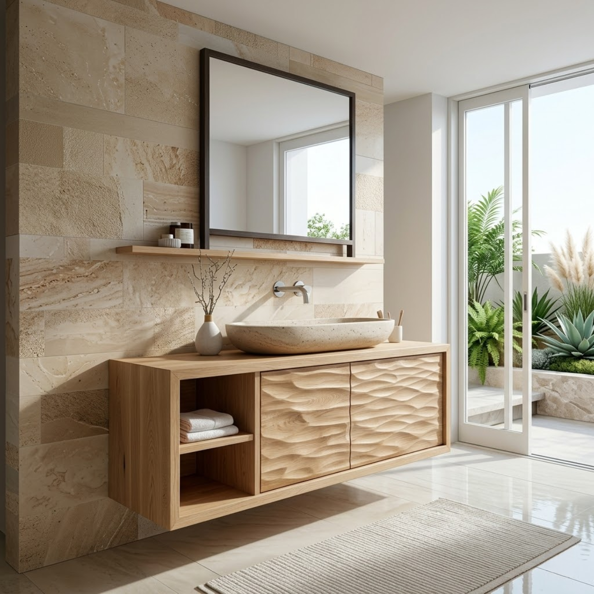 Modern Solid Wood Bathroom Vanity with Floating Storage and Textured Front Doors