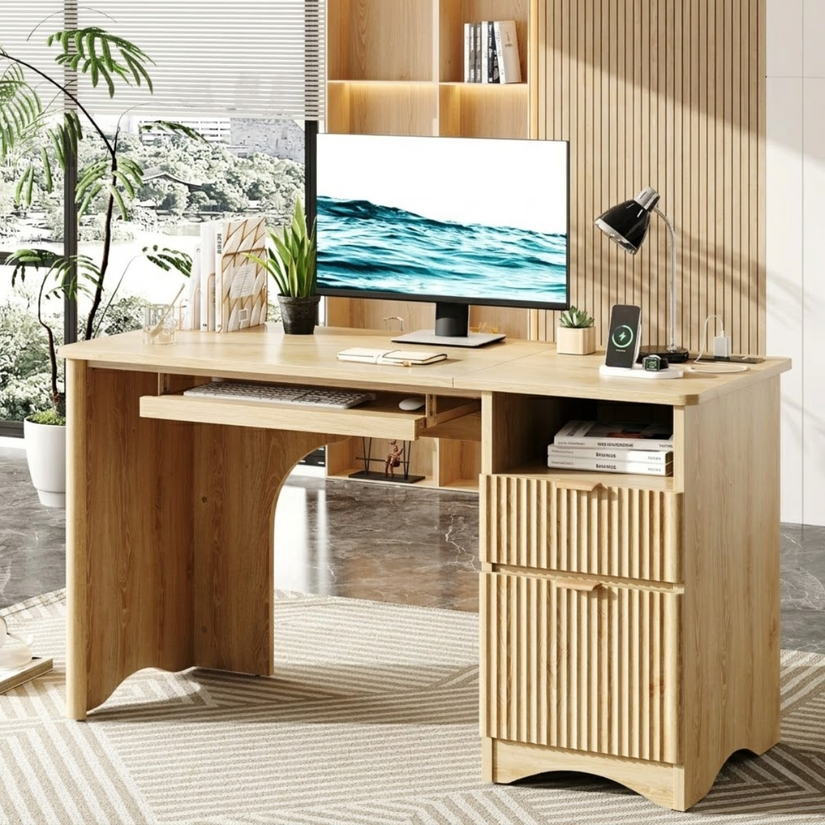 Modern Computer Desk with Drawers, Home Office Workstation, Writing Table with Storage Shelf