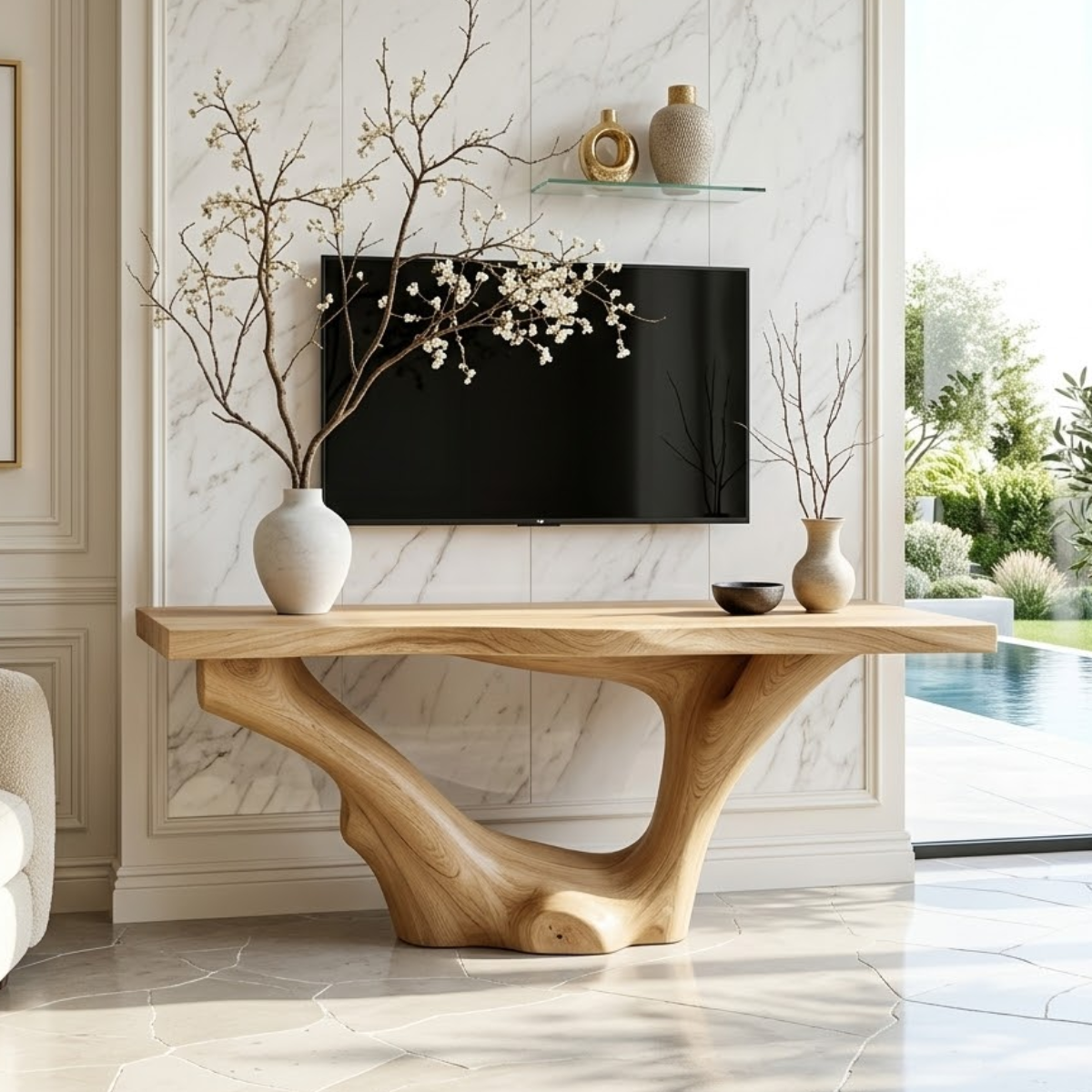 Solid Wood Console Table with Sculpted Curved Base, Modern Minimalist Design